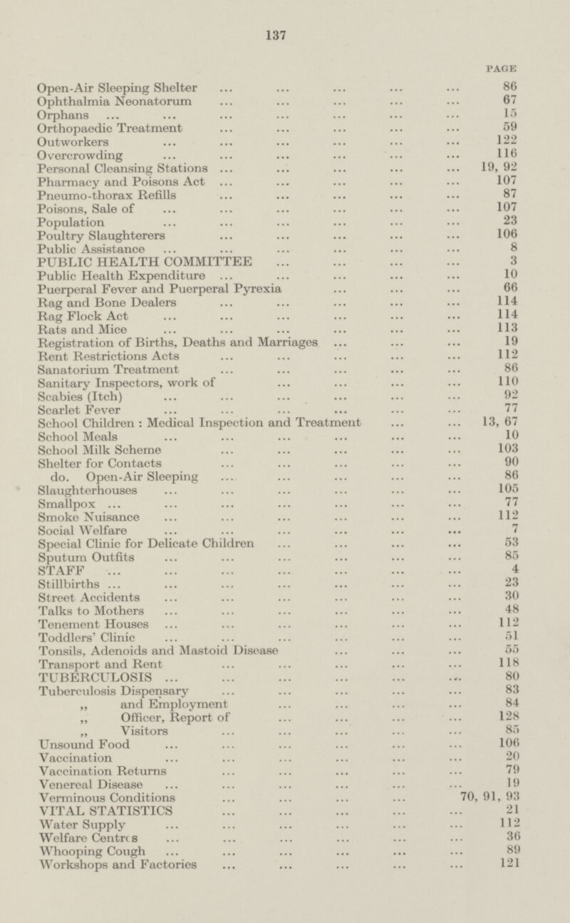 137 page Open-Air Sleeping Shelter 86 Ophthalmia Neonatorum 67 Orphans 15 Orthopaedic Treatment 59 Outworkers 122 Overcrowding 116 Personal Cleansing Stations 19, 92 Pharmacy and Poisons Act 107 Pneumo-thorax Refills 87 Poisons, Sale of 107 Population 23 Poultry Slaughterers 106 Public Assistance 8 PUBLIC HEALTH COMMITTEE 3 Public Health Expenditure 10 Puerperal Fever and Puerperal Pyrexia 66 Rag and Bone Dealers 114 Rag Flock Act 114 Rats and Mice 113 Registration of Births, Deaths and Marriages 19 Rent Restrictions Acts 112 Sanatorium Treatment 86 Sanitary Inspectors, work of 110 Scabies (Itch) 92 Scarlet Fever 77 School Children : Medical Inspection and Treatment 13,67 School Meals 10 School Milk Scheme 103 Shelter for Contacts 90 do. Open-Air Sleeping 86 Slaughterhouses 105 Smallpox 77 Smoke Nuisance 112 Social Welfare 7 Special Clinic for Delicate Children 53 Sputum Outfits . 85 STAFF 4 Stillbirths 23 Street Accidents 30 Talks to Mothers 48 Tenement Houses 112 Toddlers' Clinic 51 Tonsils, Adenoids and Mastoid Disease 55 Transport and Rent 118 TUBERCULOSIS 80 Tuberculosis Dispensary 83 ,, and Employment 84 „ Officer, Report of 128 „ Visitors 85 Unsound Food 106 Vaccination 20 Vaccination Returns 79 Venereal Disease 19 Verminous Conditions 70,91,93 VITAL STATISTICS 21 Water Supply 112 Welfare Centres 36 Whooping Cough 89 Workshops and Factories 121