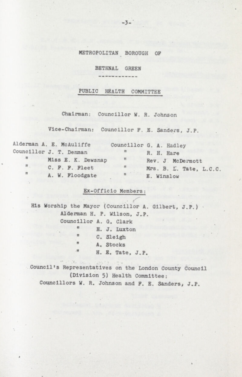 -3- METROPOLITAN BOROUGH OP BETHNAL GREEN PUBLIC HEALTH COMMITTEE Chairman: Councillor W. R. Johnson Vice-Chairman: Councillor P. ,E. Sanders, J.P. Alderman A. E. McAuliffe Councillor G. A. Hadley Councillor J. T. Denman  R. H. Hare  Miss JE. K. Dewsnap  Rev. J McDermott  C. P. P. Pleet  Mrs. B. L. Tate, L.C.C.  A. W. Floodgate  E. Winslow Ex-Offlcio Members: His Worship the Mayor (Councillor A. Gilbert, J.P.) Alderman H. P. Wilson, J.P. Councillor A. G. Clark  H. J. Luxton  C. Sleigh  A. Stocks  H. E. Tate, J.P. Council's Representatives on the London County Council (Division 5) Health Committee: Councillors W. R. Johnson and P. E. Sanders, J.P.