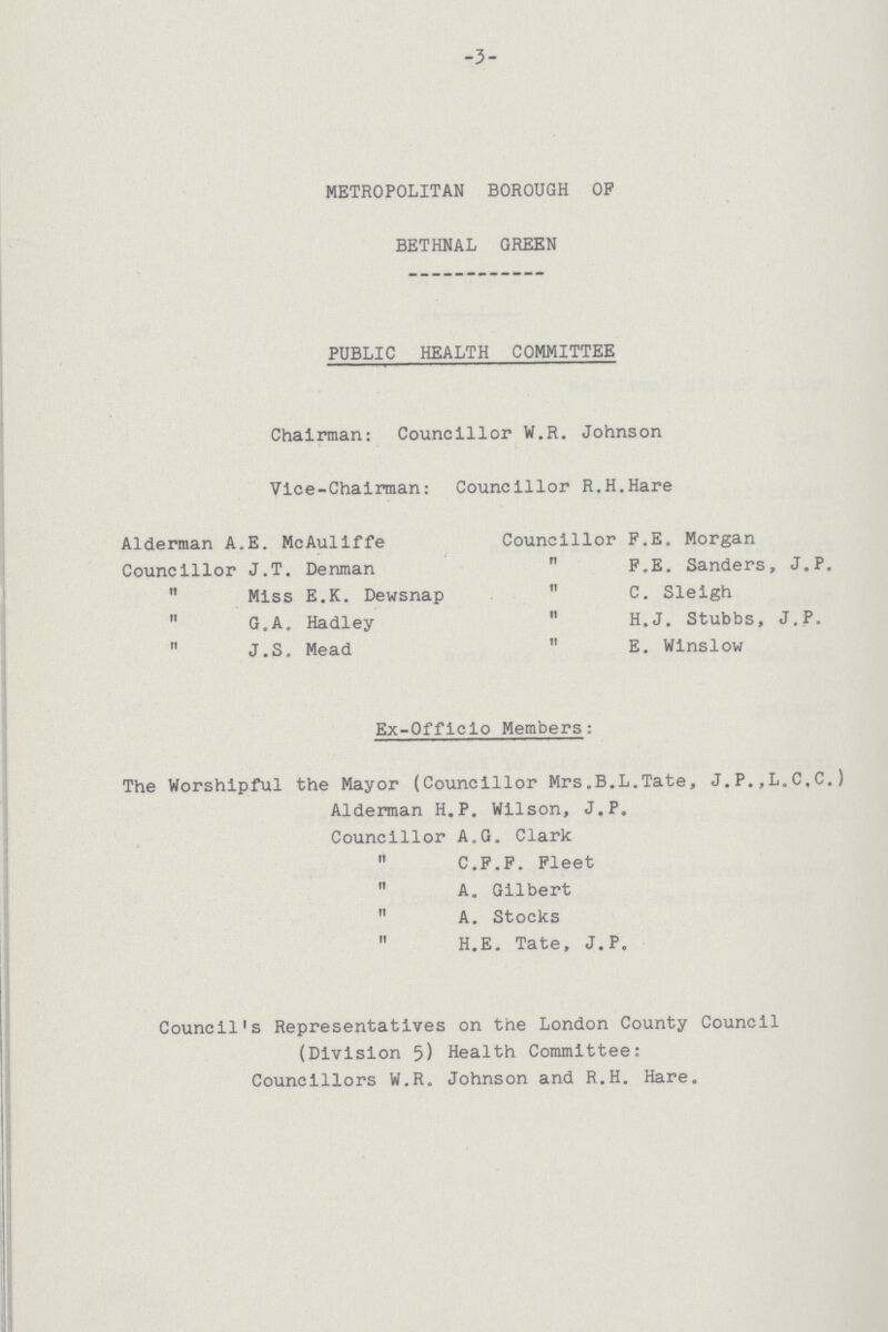 -3- METROPOLITAN BOROUGH OF BETHNAL GREEN PUBLIC HEALTH COMMITTEE Chairman: Councillor W.R. Johnson Vice-Chairman: Councillor R.H. Hare Alderman A.E. McAuliffe Councillor J.T. Denman  Miss E.K. Dewsnap  G.A. Hadley  J.S. Mead Councillor F.E. Morgan  F.E. Sanders, J.P.  C. Sleigh  H.J. Stubbs, J.P.  E. Winslow Ex-Officio Members: The Worshipful the Mayor (Councillor Mrs.B.L.Tate, J.P.,L.C,C.) Alderman H.P. Wilson, J.P. Councillor A.G. Clark  C.F.F. Fleet  A. Gilbert  A. Stocks  H.E. Tate, J.P. Council's Representatives on the London County Council (Division 5) Health Committee: Councillors W.R. Johnson and R.H. Hare.