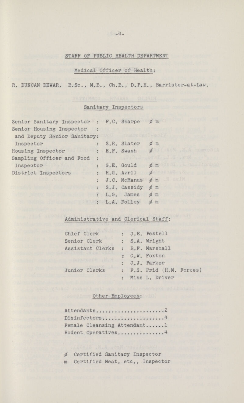 -4- STAFF OF PUBLIC HEALTH DEPARTMENT Medical Officer of Health: R. DUNCAN DEWAR, B.Sc., M.B., Ch.B., D.P.H., Barrister-at-Law. Sanitary Inspectors Senior Sanitary Inspector: F.C. Sharpe ø m Senior Housing Inspector: and Deputy Senior Sanitary: Inspector: S.R. Slater ø m Housing Inspector: E.F. Swash ø Sampling Officer and Food: Inspector: G.E. Gould ø m District Inspectors: H.G. Avril ø : J.C. McManus 8 m : S.J. Cassldy ø m : L.G. James ø m : L.A. Folley ø m Administrative and Clerical Staff: Chief Clerk: J.E. Pestell Senior Clerk: S.A. Wright Assistant Clerks: R.F. Marshall : C.W. Foxton : J.J. Parker Junior Clerks: F.S. Frid (H.M. Forces) : Miss L. Driver Other Employees: Attendants 2 Disinfectors 4 Female Cleansing Attendant 1 Rodent Operatives 4 ø Certified Sanitary Inspector m Certified Meat, etc., Inspector