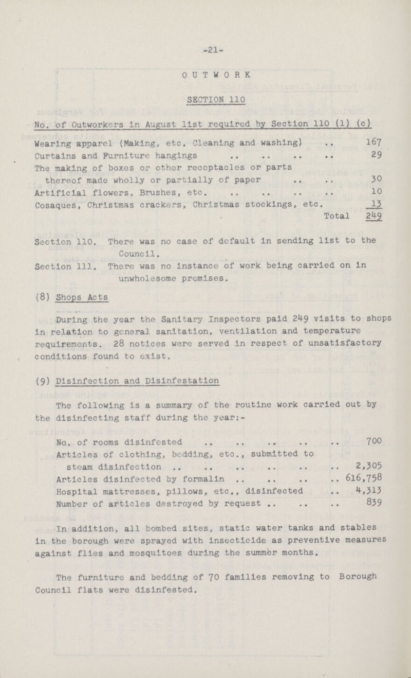 -21- OUTWORK SECTION 110 No. of Outworkers In August list required by Section 110 (1) (c) Wearing apparel (Making, etc. Cleaning and washing) 167 Curtains and Furniture hangings 29 The making of boxes or other receptacles or parts thereof made wholly or partially of paper 30 Artificial flowers, Brushes, etc. 10 Cosaques, Christmas crackers, Christmas stockings, etc. 13 Total 249 Section 110. There was no case of default in sending list to the Council. Section 111. There was no Instance of work being carried on in unwholesome premises. (8) Shops Acts During the year the Sanitary Inspectors paid 249 visits to shops in relation to general sanitation, ventilation and temperature requirements. 28 notices were served in respect of unsatisfactory conditions found to exist. (9) Disinfection and Dlsinfesr-atlon The following is a summary of the routine work carried out by the disinfecting staff during the year:- Nq. of rooms dlsinfested 700 Articles of clothing, bedding, etc., submitted to steam disinfection 2,305 Articles disinfected by formalin 616,758 Hospital mattresses, pillows, etc., disinfected 4,313 Number of articles destroyed by request 839 In addition, all bombed sites, static water tanks and stables In the borough were sprayed with insecticide as preventive measures against flies and mosquitoes during the summer months. The furniture and bedding of 70 families removing to Borough Council flats were dlsinfested.