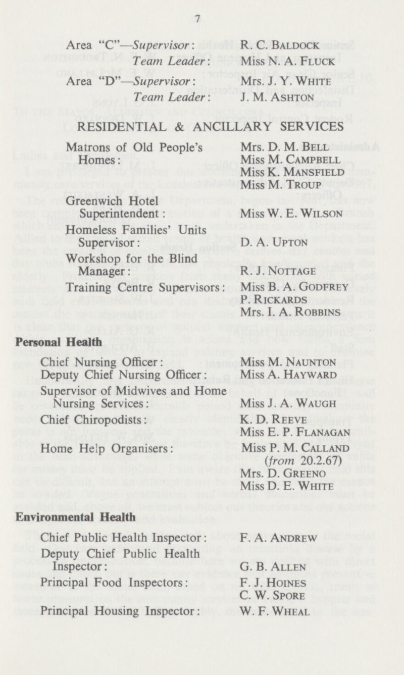 7 Area C—Supervisor : R. C. Baldock Team Leader: Miss N. A. Fluck Area D—Supervisor: Mrs. J. Y. White Team Leader: J. M. Ashton RESIDENTIAL & ANCILLARY SERVICES Matrons of Old People's Mrs. D. M. Bell Homes: Miss M. Campbell Miss K. Mansfield Miss M. Troup Greenwich Hotel Superintendent: Miss W. E. Wilson Homeless Families' Units Supervisor: D. A. Upton Workshop for the Blind Manager: R.J. Nottage Training Centre Supervisors: Miss B. A. Godfrey P. Rickards Mrs. I. A. Robbins Personal Health Chief Nursing Officer: Miss M. Naunton Deputy Chief Nursing Officer: Miss A. Hayward Supervisor of Midwives and Home Nursing Services: Miss J. A. Waugh Chief Chiropodists: K. D. Reeve Miss E. P. Flanagan Home Help Organisers: Miss P. M. Calland (from 20.2.67) Mrs. D. Greeno Miss D. E. White Environmental Health Chief Public Health Inspector: F. A. Andrew Deputy Chief Public Health Inspector: G. B. Allen Principal Food Inspectors: F. J. Hoines C.W. Spore Principal Housing Inspector: W. F. Wheal