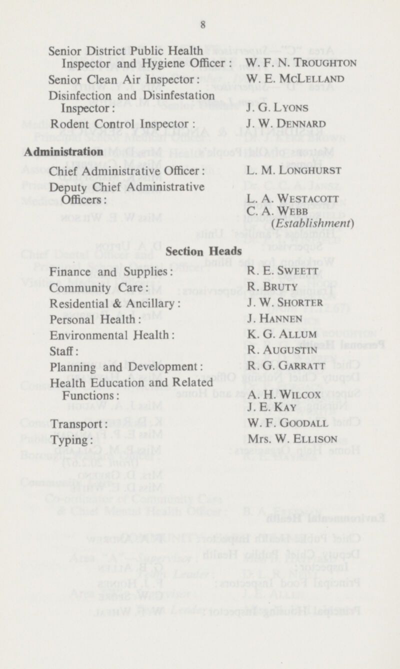 8 Senior District Public Health Inspector and Hygiene Officer : W. F. N. Troughton Senior Clean Air Inspector: W. E. McLelland Disinfection and Disinfestation Inspector: J.G.Lyons Rodent Control Inspector : J. W. Dennard Administration Chief Administrative Officer: L. M. Longhurst Deputy Chief Administrative Officers: L. A. Westacott C. A. Webb (Establishment) Section Heads Finance and Supplies: R.E. Sweett Community Care: R. Bruty Residential & Ancillary : J. W. Shorter Personal Health: J. Hannen Environmental Health: K. G. Allum Staff: R. Augustin Planning and Development: R.G. Garratt Health Education and Related Functions: A. H. Wilcox J. E. Kay Transport: W. F. Goodall Typing: Mrs. W. Ellison