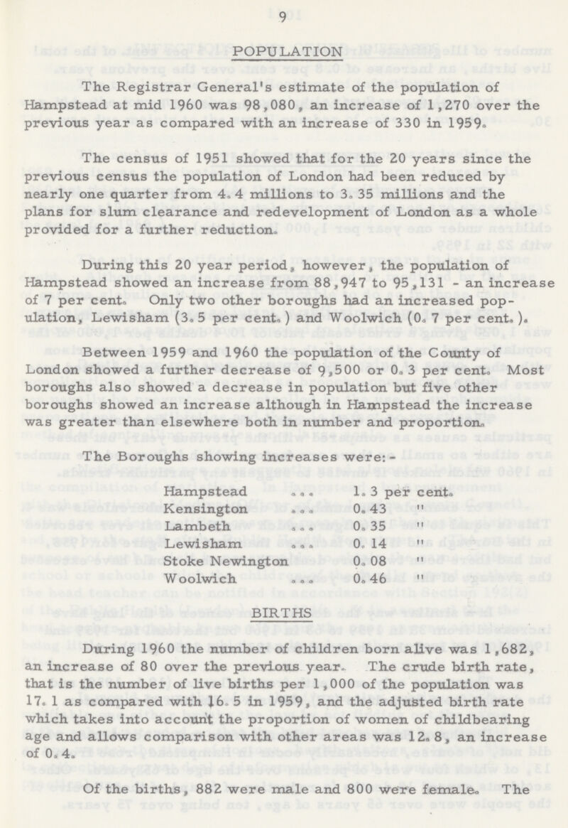 9 POPULATION The Registrar General's estimate of the population of Hampstead at mid 1960 was 98,080, an increase of 1,270 over the previous year as compared with an increase of 330 in 1959. The census of 1951 showed that for the 20 years since the previous census the population of London had been reduced by nearly one quarter from 4.4 millions to 3.35 millions and the plans for slum clearance and redevelopment of London as a whole provided for a further reduction. During this 20 year period, however, the population of Hampstead showed an increase from 88,947 to 95,131 - an increase of 7 per cent. Only two other boroughs had an increased pop ulation, Lewisham (3.5 per cent,) and Woolwich (0.7 per cent. ). Between 1959 and 1960 the population of the County of London showed a further decrease of 9,500 or 0.3 per cent. Most boroughs also showed a decrease in population but five other boroughs showed an increase although in Hampstead the increase was greater than elsewhere both in number and proportion. The Boroughs showing increases were:- Hampstead 1.3 per cent, Kensington 0.43  Lambeth 0.35  Lewisham 0.14  Stoke Newington 0.08  Woolwich 0.46  BIRTHS During 1960 the number of children born alive was 1,682, an increase of 80 over the previous year. The crude birth rate, that is the number of live births per 1,000 of the population was 17. 1 as compared with 16.5 in 1959, and the adjusted birth rate which takes into account the proportion of women of childbearing age and allows comparison with other areas was 12.8, an increase of 0.4. Of the births, 882 were male and 800 were female. The