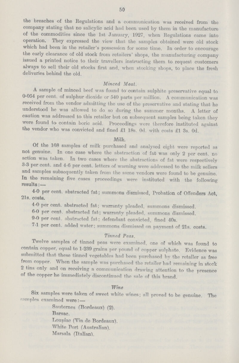 50 the breaches of the Regulations and a communication was received from the company stating that no salicylic acid had been used by them in the manufacture of the commodities since the 1st January, 1927, when Regulations came into operation. They expressed the view that the samples obtained were old stock which had been in the retailer's possession for some time. In order to encourage the early clearance of old stock from retailers' shops, the manufacturing company issued a printed notice to their travellers instructing them to request customers always to sell their old stocks first and, when stocking shops, to place the fresh deliveries behind the old. Minced Meat. A sample of minced beef was found to contain sulphite preservative equal to 0-054 per cent, of sulphur dioxide or 540 parts per million. A communication was received from the vendor admitting the use of the preservative and stating that he understood he was allowed to do so during the summer months. A letter of caution was addressed to this retailer but on subsequent samples being taken they were found to contain boric acid. Proceedings were therefore instituted against the vendor who was convicted and fined £1 18s. Od. with costs £1 3s. Od. Milk. Of the 168 samples of milk purchased and analysed eight were reported as not genuine. In one case where the abstraction of fat was only 2 per cent, no action was taken. In two cases where the abstractions of fat were respectively 3-3 per cent, and 4-6 per cent, letters of warning were addressed to the milk sellers and samples subsequently taken from the same vendors were found to be genuine. In the remaining five cases proceedings were instituted with the following results:— 4-0 per cent, abstracted fat; summons dismissed, Probation of Offenders Act, 21s. costs. 4-0 per cent, abstracted fat; warranty pleaded, summons dismissed. 6-0 per cent, abstracted fat; warranty pleaded, summons dismissed. 9-0 per cent, abstracted fat; defendant convicted, fined 40s. 7-1 per cent, added water; summons dismissed on payment of 21s. costs. Tinned Peas. Twelve samples of tinned peas were examined, one of which was found to contain copper, equal to 1-239 grains per pound of copper sulphate. Evidence was submitted that these tinned vegetables had been purchased by the retailer as free from copper. When the sample was purchased the retailer had remaining in stock 2 tins only and on receiving a communication drawing attention to the presence of the copper he immediately discontinued the sale of this brand. Wine Six samples were taken of sweet white wines; all proved to be genuine. The samples examined were: — Rauternes (Bordeaux) (2). Barsac. Tvoupiac (Yin de Bordeaux). White Port (Australian). Marsala (Italian).