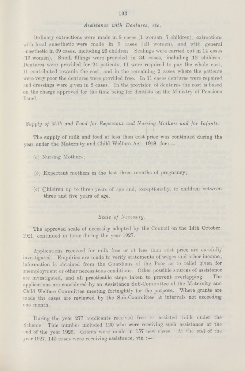 103 Assistance with Dentures, etc. Ordinary extractions were made in 8 cases (1 woman, 7 children); extractions with local anaesthetic were made in 9 cases (all women), and with general anæsthetic in 69 cases, including 26 children. Scalings were carried out in 14 cases (13 women). Small fillings were provided in 34 cases, including 12 children. Dentures were provided for 24 patients, 11 were required to pay the whole cost, 11 contributed towards the cost, and in the remaining 2 cases where the patients were very poor the dentures were provided free. In 11 cases dentures were repaired and dressings were given in 8 cases. In the provision of dentures the cost is based on the charge approved for the time being for dentists on the Ministry of Pensions Panel. Supply of Milk and Food for Expectant and Nursing Mothers and for Infants. The supply of milk and food at less than cost price was continued during the year under the Maternity and Child Welfare Act, 1918, for: — (a) Nursing Mothers; (b) Expectant mothers in the last three months of pregnancy; (c) Children up to three years of age and, exceptionally, to children between three and five years of age. Scale of Necessity. The approved scale of necessity adopted by the Council on the 14th October, 1921, continued in force during the year 1927. Applications received for milk free or at less than cost price are carefully investigated. Enquiries are made to verify statements of wages and other income; information is obtained from the Guardians of the Poor as to relief given for unemployment or other necessitous conditions. Other possible sources of assistance are investigated, and all practicable steps taken to prevent overlapping. The applications are considered by an Assistance Sub-Committee of the Maternity ana Child Welfare Committee meeting fortnightly for the purpose. Where grants are made the cases are reviewed by the Sub-Committee at intervals not exceeding one month. During the year 277 applicants received free or assisted milk under the Scheme. This number included 120 who were receiving such assistance at the end of the year 1926. Grants were made in 157 new cases At the end of the year 1927, 140 cases were receiving assistance, viz.: —