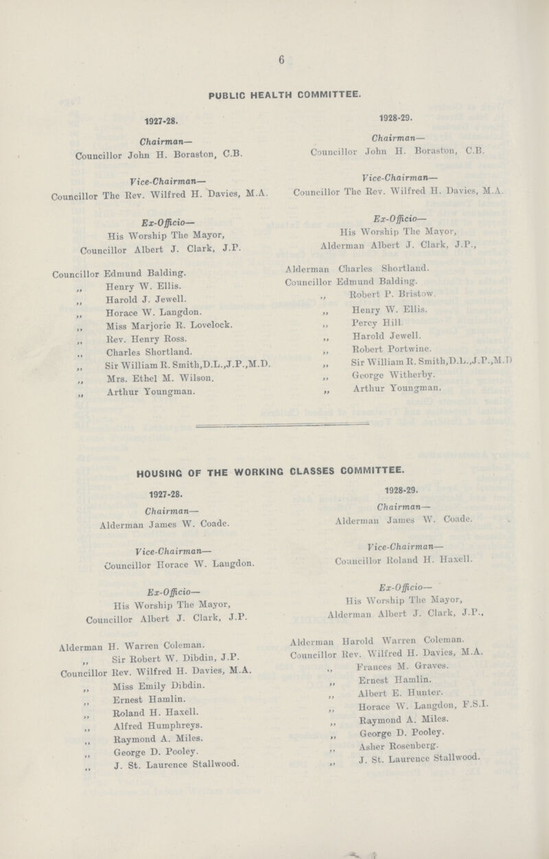 6 PUBLIC HEALTH COMMITTEE. 1927-28. 1928-29. Chairman— Chairman— Councillor John H. Boraston, C.B. Councillor John H. Boraston, C.B. Vice-Chairman— Vice-Chairman— Councillor The Rev. Wilfred H. Davies, M.A. Councillor The Rev. Wilfred H. Davies, M.A. Ex-Officio— Ex-Officio— His Worship The Mayor, His Worship The Mayor, Councillor Albert J. Clark, J.P. Alderman Albert J. Clark, J.P., Councillor Edmund Balding. Alderman Charles Shortland. „ Henry W. Ellis. Councillor Edmund Balding. „ Harold J. Jewell. ,, Robert P. Bristow. „ Horace W. Langdon. „ Henry W. Ellis. ,, Miss Marjorie R. Lovelock. „ Percy Hill. Rev. Henry Ross. „ Harold Jewell. Charles Shortland. „ Robert Portwine. „ Sir William R. Smith,D.L.,J.P.,M.D. ,, Sir William R. Smith,D.L..J.P.,M.D ,, Mrs. Ethel M. Wilson. ,, George Witherby. „ Arthur Toungman. „ Arthur Youngman. HOUSING OF THE WORKING CLASSES COMMITTEE. 1927-28. 1928-29. Chairman— Chairman— Alderman James W. Coade. Alderman James W. Coade. Vice-Chairman— Vice-Chairman— Councillor Horace W. Langdon. Councillor Boland H. Haxell. Ex-Officio— Ex-Officio— His Worship The Mayor, His Worship The Mayor, Councillor Albert J. Clark, J.P. Alderman Albert J. Clark, J.P.. Alderman H. Warren Coleman. Alderman Harold Warren Coleman. „ Sir Robert W. Dibdin, J.P. Councillor Rev. Wilfred H. Davies, M.A. Councillor Rev. Wilfred H. Davies, M.A. „ Frances M. Graves. ,, Miss Emily Dibdin. ,, Ernest Hamlin. ,, Ernest Hamlin. ,, Albert E. Hunter. ,, Roland H. Haxell. ,, Horace W. Langdon, F.S.I. ,, Alfred Humphreys. ,, Raymond A. Miles. ,, Raymond A. Miles. ,, George D. Pooley. ,, George D. Pooley. ,, Asher Rosenberg. ,, J. St. Laurence Stallwood. ,, J. St. Laurence Stallwood.