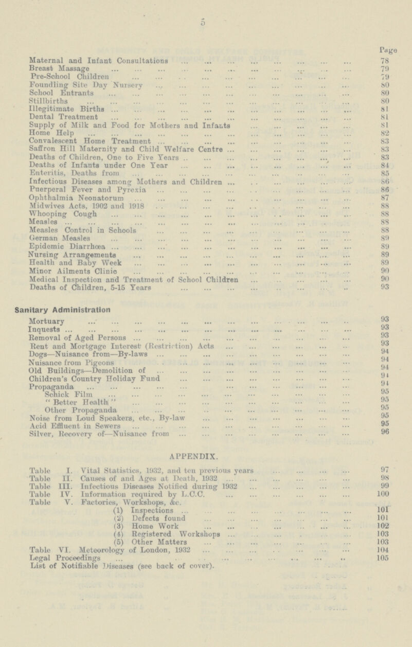 5 Page Maternal and Infant Consultations 78 Breast Massage 70 Pre-School Children 79 Foundling Site Day Nursery 80 School Entrants 80 Stillbirths 80 Illegitimate Births 81 Dental Treatment 81 Supply of Milk and Food for Mothers and Infants 81 Home Help 82 Convalescent Home Treatment 83 Saffron Hill Maternity and Child Welfare Centre 83 Deaths of Children, One to Five Tears 83 Deaths of Infants under One Year 84 Enteritis, Deaths from 85 Infectious Diseases among Mothers and Children 86 Puerperal Fever and Pyrexia 86 Ophthalmia Neonatorum 87 Midwives Acts, 1902 and 1918 88 Whooping Cough 88 Measles 88 Measles Control in Schools 88 German Measles 89 Epidemic Diarrhœa 89 Nursing Arrangements 89 Health and Baby Week 89 Minor Ailments Clinic 90 Medical Inspection and Treatment of School Children 90 Deaths of Children, 5-15 Years 93 Sanitary Administration Mortuary 93 Inquests 93 Removal of Aged Persons 93 Rent and Mortgage Interest' (Restriction) Acts 93 Dogs—Nuisance from—By-laws 94 Nuisance from Pigeons 94 Old Buildings—Demolition of 94 Children's Country Holiday Fund 94 Propaganda 94 Scliick Film 95 Better Health 95 Other Propaganda 95 Noise from Loud Speakers, etc., By-law 95 Acid Effluent in Sewers 95 Silver, Recovery of—Nuisance from 96 APPENDIX. Table I. Vital Statistics, 1932, and ten previous years 97 Table II. Causes of and Ages at Death, 1932 98 Table III. Infectious Diseases Notified during 1932 99 Table IV. Information required by L.C.C. 100 Table V. Factories, Workshops, &c. (1) Inspections 101 (2) Defects found 101 (3) Home Work 102 (4) Registered Workshops 103 (5) Other Matters 103 Table VI. Meteorology of London, 1932 104 Legal Proceedings 105 List of Notifiable Diseases (see back of cover).