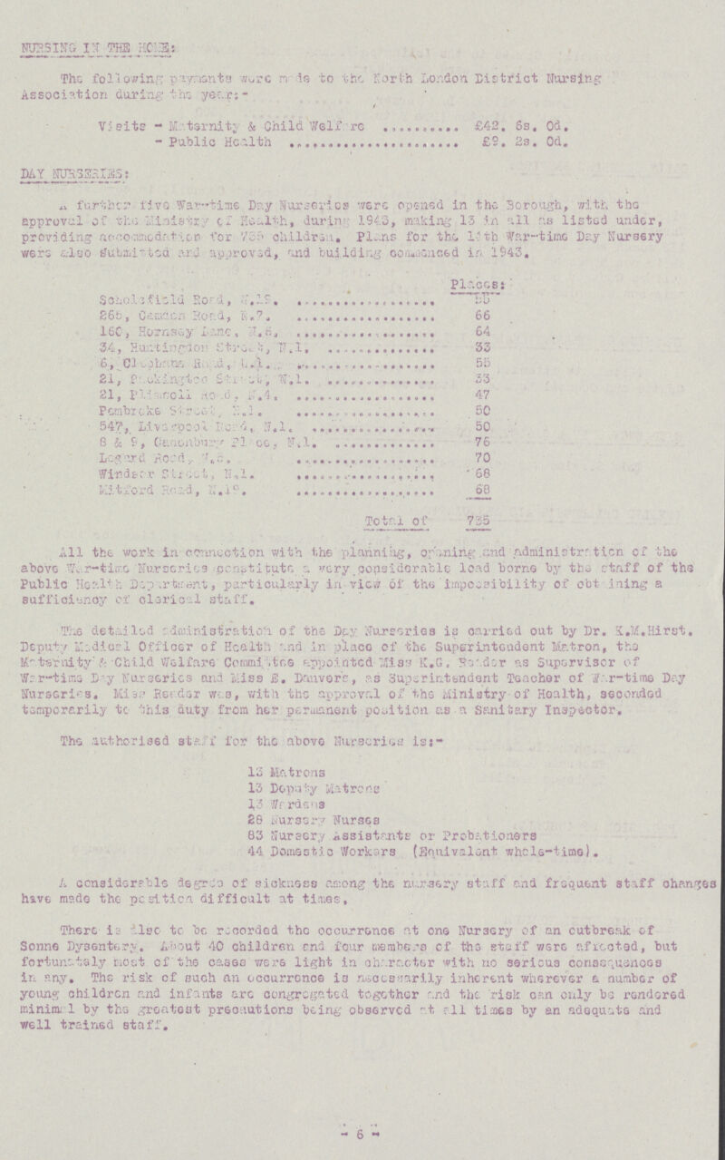 NURSING IN THE HOME: The following payments were made to the North London District Nursing Association during the year:- Visits - Maternity & Child Welfare £42. 6s. 0d. Public Health £9. 2s.0d. DAY NURSERIES: A further five War-time Day Nurseries were opened in the Borough, with the approval of the Ministry of Health, during 1943, making 13 in all as listed under, providing accomodation for 755 children. plans for the, 10 th War-time Day Nursery Were also submitted and approved, and building commenced in 1943. Placed: Scholefield Road, N.19 55 265, Camden Road, N.7 66 160, Hornsey fane , n. 6, 64 34, Huntingdon Street N.1 33 6, ??? Road N.??? 35 21, Packingtoo street N.l. 33 2l , plimsoll Road N.4 47 Pembroke Street N.1. 50 547, Liverpool Road, N.l.50 8 & 9, Canonbury Place, N.l. 76 Legard Road, N.5. 70 Windsor street,N1 68 Mitford Road,N.19 68 Total of 735 All the work in connection with the planning, opening and administration of the above war-time Nurseries censtitute a very considerable load borne by the staff of the Public Health Dapartment, particularly in view of the impossibility of obtaining a sufficiency of clerical staff. The detailed administration of the Day Nurseries is parried out by Dr. K.M. Hirst. Deputy Medical Officer of Health and in place of the Superintendent Matron, the Maternity & Child Welfare Committee appointed Miss K,G. Header as Supervisor of War-time Day Nurseries and miss E. Danvers, as Superintendent Teacher of War-time Day Nurseries. Miss Reader was, with the approval of the Ministry of Health, seconded temporarily to this duty from her permanent position as a Sanitary Inspector. The authorised staff for the above Nurseries is:- 13 Matrons 13 Deputy Matrens 13 Wardens 26 Nursery Nurses 83 Nursery Assistants or Probationers 44 Domestic Workers (Equivalent whole-time). A considerable degree of sickness among the nursery staff and frequent staff changes have made the position difficult at times, There is also to be recorded the occurrence at one Nursery of an outbreak of Sonne Dysentery. About 40 children end four members of the staff were afrected, but fortunately most of the cases were light in character with no serious consequences in any. The risk of such an occurrence is necessarily inherent wherever a number of young children and infants arc congregated together and the risk can only be rendered minimal by the greatest precautions being observed at all times by an adequate and well trained staff. 6