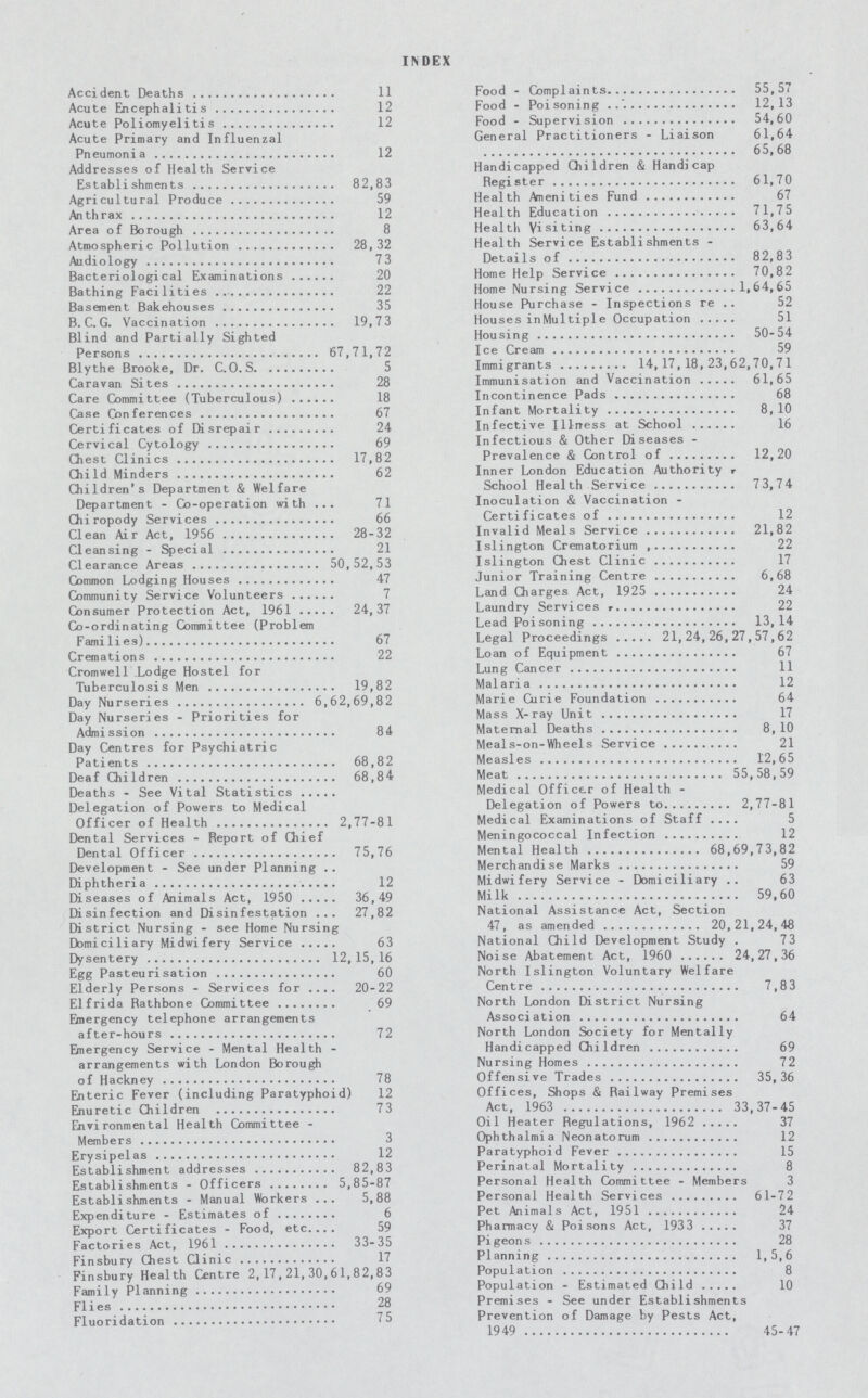 INDEX Accident Deaths 11 Acute Encephalitis 12 Acute Poliomyelitis 12 Acute Primary and Influenzal Pneumonia 12 Addresses of Health Service Establishments 82,83 Agricultural Produce 59 Anthrax 12 Area of Borough 8 Atmospheric Pollution 28,32 Audiology 73 Bacteriological Examinations 20 Bathing Facilities 22 Basement Bakehouses 35 B.C.G. Vaccination 19,73 Blind and Partially Sighted Persons 67,71,72 Blythe Brooke, Dr. C.O. S. 5 Caravan Sites 28 Care Committee (Tuberculous) 18 Case Conferences 67 Certificates of Disrepair 24 Cervical Cytology 69 Chest Clinics 17,82 Child Minders 62 Children's Department & Welfare Department - Co-operation with 71 Chiropody Services 66 Clean Air Act, 1956 28-32 Cleansing - Special 21 Clearance Areas 50,52,53 Common Lodging Houses 47 Community Service Volunteers 7 Consumer Protection Act, 1961 24,37 Co-ordinating Committee (Problem Families) 67 Cremations 22 Cromwell Lodge Hostel for Tuberculosis Men 19,82 Day Nurseries 6,62,69,82 Day Nurseries - Priorities for Admission 84 Day Centres for Psychiatric Patients 68,82 Deaf Children 68,84 Deaths - See Vital Statistics Delegation of Powers to Medical Officer of Health 2,77-81 Dental Services - Report of Chief Dental Officer 75,76 Development - See under Planning Diphtheria 12 Diseases of Animals Act, 1950 36,49 Disinfection and Disinfestation 27,82 District Nursing - see Home Nursing Domiciliary Midwifery Service 63 Dysentery 12, 15, 16 Egg Pasteurisation 60 Elderly Persons - Services for 20-22 Elfrida Rathbone Committee 69 Emergency telephone arrangements after-hours 72 Emergency Service - Mental Health arrangements with London Borough of Hackney 78 Enteric Fever (including Paratyphoid) 12 Enuretic Children 73 Environmental Health Committee - Members 3 Erysipelas 12 Establishment addresses 82,83 Establishments - Officers 5,85-87 Establishments - Manual Workers 5,88 Expenditure - Estimates of 6 Export Certificates - Food, etc. 59 Factories Act, 1961 33-35 Finsbury Chest Clinic 17 Finsbury Health Centre 2,17,21,30,61,82,83 Family Planning 69 Flies 28 Fluoridation 75 Food - Complaints 55,57 Food - Poisoning 12,13 Food - Supervision 54,60 General Practitioners - Liaison 61,64 65,68 Handicapped Children & Handicap Register 61,70 Health Amenities Fund 67 Health Education 71,75 Health Visiting 63,64 Health Service Establishments - Details of 82,83 Home Help Service 70,82 Home Nursing Service 1,64,65 House Purchase - Inspections re 52 Houses in Multiple Occupation 51 Housing 50-54 Ice Cream 59 Immigrants 14, 17,18,23,62,70,71 Immunisation and Vaccination 61,65 Incontinence Pads 68 Infant Mortality 8, 10 Infective Illness at School 16 Infectious & Other Diseases - Prevalence & Control of 12,20 Inner London Education Authority, School Health Service 73,74 Inoculation & Vaccination - Certificates of 12 Invalid Meals Service 21,82 Islington Crematorium 22 Islington Chest Clinic 17 Junior Training Centre 6,68 Land Charges Act, 1925 24 Laundry Services 22 Lead Poisoning 13,14 Legal Proceedings 21,24,26,27,57,62 Loan of Equipment 67 Lung Cancer 11 Malaria 12 Marie Curie Foundation 64 Mass X-ray Unit 17 Maternal Deaths 8, 10 Meals-on-Wheels Service 21 Measles 12,65 Meat 55,58,59 Medical Officer of Health - Delegation of Powers to 2,77-81 Medical Examinations of Staff 5 Meningococcal Infection 12 Mental Health 68,69,73,82 Merchandise Marks 59 Midwifery Service - Domiciliary 63 Milk 59,60 National Assistance Act, Section 47, as amended 20,21,24,48 National Child Development Study 73 Noise Abatement Act, 1960 24,27 , 36 North Islington Voluntary Welfare Centre 7,83 North London District Nursing Association 64 North London Society for Mentally Handicapped Children 69 Nursing Homes 72 Offensive Trades 35,36 Offices, Shops & Railway Premises Act, 1963 33,37-45 Oil Heater Regulations, 1962 37 Ophthalmia Neonatorum 12 Paratyphoid Fever 15 Perinatal Mortality 8 Personal Health Committee - Members 3 Personal Health Services 61-72 Pet Animals Act, 1951 24 Pharmacy & Poisons Act, 1933 37 Pigeons 28 Planning 1,5,6 Population 8 Population - Estimated Child 10 Premises - See under Establishments Prevention of Damage by Pests Act, 1949 45-47