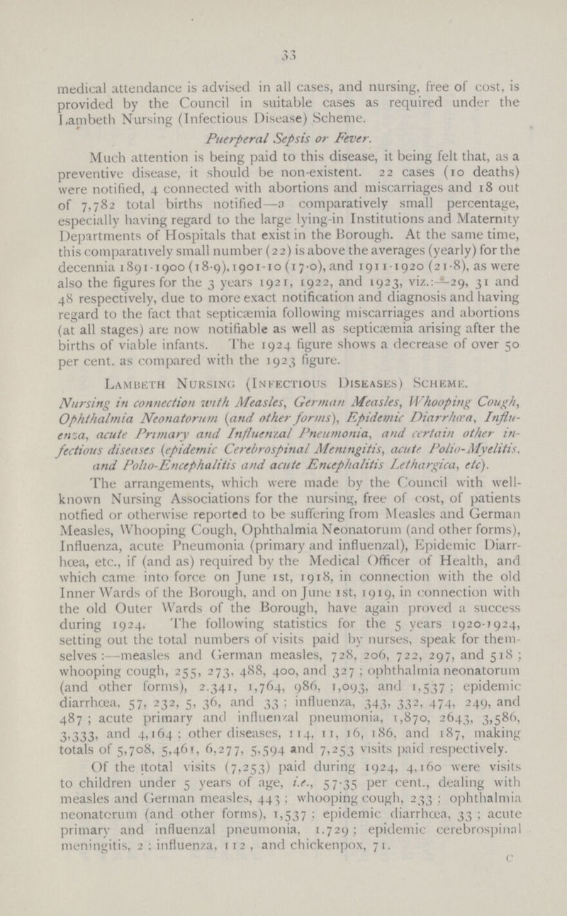 33 medical attendance is advised in all cases, and nursing, free of cost, is provided by the Council in suitable cases as required under the Lambeth Nursing (Infectious Disease) Scheme. Puerperal Sepsis or Fever. Much attention is being paid to this disease, it being felt that, as a preventive disease, it should be non-existent. 22 cases (10 deaths) were notified, 4 connected with abortions and miscarriages and 18 out of 7,782 total births notified—a comparatively small percentage, especially having regard to the large lying-in Institutions and Maternity Departments of Hospitals that exist in the Borough. At the same time, this comparatively small number (22) is above the averages (yearly) for the decennia 1891-1900 (18.9), 1901-10 (17.0), and 1911-1920 (21.8), as were also the figures for the 3 years 1921, 1922, and 1923, viz.:—29, 31 and 48 respectively, due to more exact notification and diagnosis and having regard to the fact that septicaemia following miscarriages and abortions (at all stages) are now notifiable as well as septicemia arising after the births of viable infants. The 1924 figure shows a decrease of over 50 per cent, as compared with the 1923 figure. Lambeth Nursing (Infectious Diseases) Scheme. Nursing in connection with Measles, German Measles, Whooping Cough, Ophthalmia Neonatorum (and other forms), Epidemic Diarrhcca, Influ enza, acute Primary and Influen/jal Pneumonia, and certain other in fectious diseases (epidemic Cerebrospinal Meningitis, acute Polio-Myelitis, and Polio-Encephalitis and acute Encephalitis Lethargica, etc). The arrangements, which were made by the Council with well known Nursing Associations for the nursing, free of cost, of patients notfied or otherwise reported to be suffering from Measles and German Measles, Whooping Cough, Ophthalmia Neonatorum (and other forms), Influenza, acute Pneumonia (primary and influenzal), Epidemic Diarr hoea, etc., if (and as) required by the Medical Officer of Health, and which came into force on June 1st, 1918, in connection with the old Inner Wards of the Borough, and on June 1st, 1919, in connection with the old Outer Wards of the Borough, have again proved a success during 1924. The following statistics for the 5 years 1920-1924, setting out the total numbers of visits paid by nurses, speak for them selves :- measles and German measles, 728, 206, 722, 297, and 518; whooping cough, 255, 273, 488, 400, and 327; ophthalmia neonatorum (and other forms), 2.341, 1,764, 986, 1,093, and 1,537; epidemic diarrhcea, 57, 232, 5, 36, and 33 ; influenza, 343, 332, 474, 249, and 487 ; acute primary and influenzal pneumonia, 1,870, 2643, 3,586, 3,333, and 4,164: other diseases, 114, 11, 16, 186, and 187, making totals of 5,708, 5,461, 6,277, 5,594 and l 7,253 visits paid respectively. Of the itotal visits (7,253) paid during 1924, 4,160 were visits to children under 5 years of age, i.e., 57.35 per cent., dealing with measles and German measles, 443; whooping cough, 233 : ophthalmia neonatorum (and other forms), 1,537; epidemic diarrhcea, 33; acute primary and influenzal pneumonia. 1.729; epidemic cerebrospinal meningitis, 2 : influenza, 112 , and chickenpox, 71.