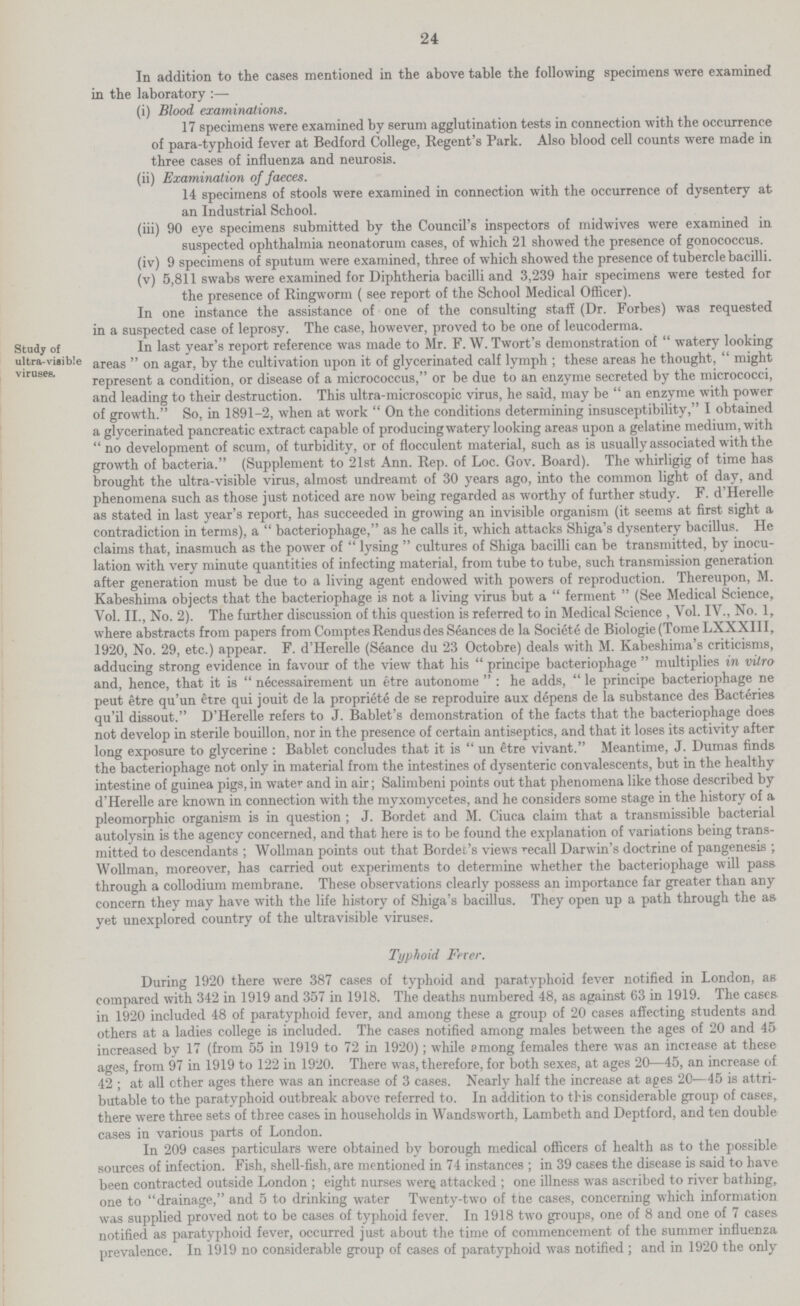 24 In addition to the cases mentioned in the above table the following specimens were examined in the laboratory :— (i) Blood examinations. 17 specimens were examined by serum agglutination tests in connection with the occurrence of para-typhoid fever at Bedford College, Regent's Park. Also blood cell counts were made in three cases of influenza and neurosis. (ii) Examination of faeces. 14 specimens of stools were examined in connection with the occurrence of dysentery at an Industrial School. (iii) 90 eye specimens submitted by the Council's inspectors of midwives were examined in suspected ophthalmia neonatorum cases, of which 21 showed the presence of gonococcus. (iv) 9 specimens of sputum were examined, three of which showed the presence of tubercle bacilli. (v) 5,811 swabs were examined for Diphtheria bacilli and 3,239 hair specimens were tested for the presence of Ringworm ( see report of the School Medical Officer). In one instance the assistance of one of the consulting staff (Dr. Forbes) was requested in a suspected case of leprosy. The case, however, proved to be one of leucoderma. In last year's report reference was made to Mr. F. W. Twort's demonstration of  watery looking areas  on agar, by the cultivation upon it of glycerinated calf lymph ; these areas he thought,  might represent a condition, or disease of a micrococcus, or be due to an enzyme secreted by the micrococci, and leading to their destruction. This ultra-microscopic virus, he said, may be  an enzyme with power of growth. So, in 1891-2, when at work  On the conditions determining insusceptibility, I obtained a glycerinated pancreatic extract capable of producing watery looking areas upon a gelatine medium, with  no development of scum, of turbidity, or of flocculent material, such as is usually associated with the growth of bacteria. (Supplement to 21st Ann. Rep. of Loc. Gov. Board). The whirligig of time has brought the ultra-visible virus, almost undreamt of 30 years ago, into the common light of day, and phenomena such as those just noticed are now being regarded as worthy of further study. F. d'Herelle as stated in last year's report, has succeeded in growing an invisible organism (it seems at first sight a contradiction in terms), a  bacteriophage, as he calls it, which attacks Shiga's dysentery bacillus. He claims that, inasmuch as the power of  lysing  cultures of Shiga bacilli can be transmitted, by inocu lation with very minute quantities of infecting material, from tube to tube, such transmission generation after generation must be due to a living agent endowed with powers of reproduction. Thereupon, M. Kabeshima objects that the bacteriophage is not a living virus but a  ferment  (See Medical Science, Vol. II., No. 2). The further discussion of this question is referred to in Medical Science , Vol. IV., No. 1, where abstracts from papers from ComptesRendusdes Seances de la Societe de Biologie(Tome LXXXIII, 1920, No. 29, etc.) appear. F. d'Herelle (Seance du 23 Octobre) deals with M. Kabeshima's criticisms, adducing strong evidence in favour of the view that his  principe bacteriophage  multiplies in vitro and, hence, that it is  necessairement un etre autonome  : he adds,  le principe bacteriophage ne peut etre qu'un etre qui jouit de la propriete de se reproduire aux depens de la substance des Bacteries qu'il dissout. D'Herelle refers to J. Bablet's demonstration of the facts that the bacteriophage does not develop in sterile bouillon, nor in the presence of certain antiseptics, and that it loses its activity after long exposure to glycerine : Bablet concludes that it is  un etre vivant. Meantime, J. Dumas finds the bacteriophage not only in material from the intestines of dysenteric convalescents, but in the healthy intestine of guinea pigs, in water and in air; Salimbeni points out that phenomena like those described by d'Herelle are known in connection with the myxomycetes, and he considers some stage in the history of a pleomorphic organism is in question; J. Bordet and M. Ciuca claim that a transmissible bacterial autolysin is the agency concerned, and that here is to be found the explanation of variations being trans mitted to descendants ; Wollman points out that Bordet's views recall Darwin's doctrine of pangenesis ; Wollman, moreover, has carried out experiments to determine whether the bacteriophage will pass through a collodium membrane. These observations clearly possess an importance far greater than any concern they may have with the life history of Shiga's bacillus. They open up a path through the as yet unexplored country of the ultravisible viruses. Study of ultra-viaible viruses. Typhoid Fever. During 1920 there were 387 cases of typhoid and paratyphoid fever notified in London, as compared with 342 in 1919 and 357 in 1918. The deaths numbered 48, as against 63 in 1919. The cases in 1920 included 48 of paratyphoid fever, and among these a group of 20 cases affecting students and others at a ladies college is included. The cases notified among males between the ages of 20 and 45 increased by 17 (from 55 in 1919 to 72 in 1920); while among females there was an inciease at these ages, from 97 in 1919 to 122 in 1920. There was, therefore, for both sexes, at ages 20—45, an increase of 42 ; at all ether ages there was an increase of 3 cases. Nearly half the increase at ages 20—45 is attri butable to the paratyphoid outbreak above referred to. In addition to this considerable group of cases, there were three sets of three cases in households in Wandsworth, Lambeth and Deptford, and ten double cases in various parts of London. In 209 cases particulars were obtained by borough medical officers of health as to the possible sources of infection. Fish, shell-fish, are mentioned in 74 instances ; in 39 cases the disease is said to have been contracted outside London ; eight nurses were attacked ; one illness was ascribed to river bathing, one to drainage, and 5 to drinking water Twenty-two of tue cases, concerning which information was supplied proved not to be cases of typhoid fever. In 1918 two groups, one of 8 and one of 7 cases notified as paratyphoid fever, occurred just about the time of commencement of the summer influenza prevalence. In 1919 no considerable group of cases of paratyphoid was notified ; and in 1920 the only