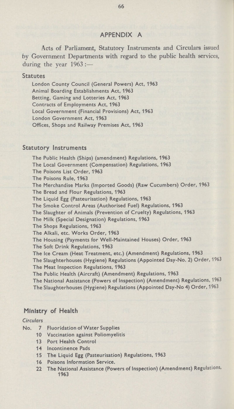 APPENDIX A Acts of Parliament, Statutory Instruments and Circulars issued by Government Departments with regard to the public health services, during the year 1963:— Statutes London County Council (General Powers) Act, 1963 Animal Boarding Establishments Act, 1963 Betting, Gaming and Lotteries Act, 1963 Contracts of Employments Act, 1963 Local Government (Financial Provisions) Act, 1963 London Government Act, 1963 Offices, Shops and Railway Premises Act, 1963 Statutory Instruments The Public Health (Ships) (amendment) Regulations, 1963 The Local Government (Compensation) Regulations, 1963 The Poisons List Order, 1963 The Poisons Rule, 1963 The Merchandise Marks (Imported Goods) (Raw Cucumbers) Order, 1963 The Bread and Flour Regulations, 1963 The Liquid Egg (Pasteurisation) Regulations, 1963 The Smoke Control Areas (Authorised Fuel) Regulations, 1963 The Slaughter of Animals (Prevention of Cruelty) Regulations, 1963 The Milk (Special Designation) Regulations, 1963 The Shops Regulations, 1963 The Alkali, etc. Works Order, 1963 The Housing (Payments for Well-Maintained Houses) Order, 1963 The Soft Drink Regulations, 1963 The Ice Cream (Heat Treatment, etc.) (Amendment) Regulations, 1963 The Slaughterhouses (Hygiene) Regulations (Appointed Day-No. 2) Order, 1963 The Meat Inspection Regulations, 1963 The Public Health (Aircraft) (Amendment) Regulations, 1963 The National Assistance (Powers of Inspection) (Amendment) Regulations, 1963 The Slaughterhouses (Hygiene) Regulations (Appointed Day-No 4) Order, 1963 Ministry of Health Circulars No. 7 Fluoridation of Water Supplies 10 Vaccination against Poliomyelitis 13 Port Health Control 14 Incontinence Pads 15 The Liquid Egg (Pasteurisation) Regulations, 1963 16 Poisons Information Service. 22 The National Assistance (Powers of Inspection) (Amendment) Regulations, 1963 66