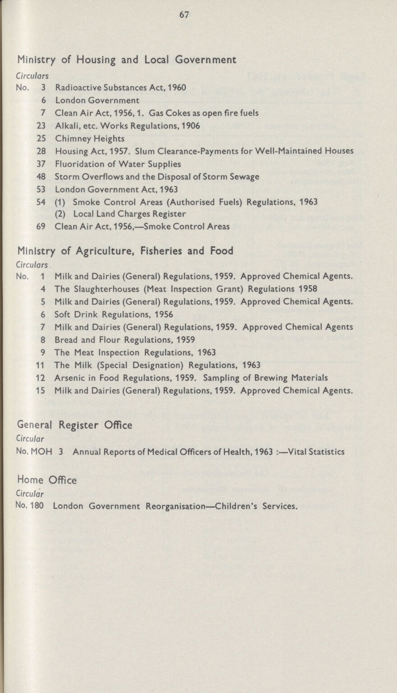 67 Ministry of Housing and Local Government Circulars No. 3 Radioactive Substances Act, 1960 6 London Government 7 Clean Air Act, 1956,1. Gas Cokes as open fire fuels 23 Alkali, etc. Works Regulations, 1906 25 Chimney Heights 28 Housing Act, 1957. Slum Clearance-Payments for Well-Maintained Houses 37 Fluoridation of Water Supplies 48 Storm Overflows and the Disposal of Storm Sewage 53 London Government Act, 1963 54 (1) Smoke Control Areas (Authorised Fuels) Regulations, 1963 (2) Local Land Charges Register 69 Clean Air Act, 1956,—Smoke Control Areas Ministry of Agriculture, Fisheries and Food Circulars No. 1 Milk and Dairies (General) Regulations, 1959. Approved Chemical Agents. 4 The Slaughterhouses (Meat Inspection Grant) Regulations 1958 5 Milk and Dairies (General) Regulations, 1959. Approved Chemical Agents. 6 Soft Drink Regulations, 1956 7 Milk and Dairies (General) Regulations, 1959. Approved Chemical Agents 8 Bread and Flour Regulations, 1959 9 The Meat Inspection Regulations, 1963 11 The Milk (Special Designation) Regulations, 1963 12 Arsenic in Food Regulations, 1959. Sampling of Brewing Materials 15 Milk and Dairies (General) Regulations, 1959. Approved Chemical Agents. General Register Office Circular No. MOH 3 Annual Reports of Medical Officers of Health, 1963:—Vital Statistics Home Office Circular No. 180 London Government Reorganisation—Children's Services.