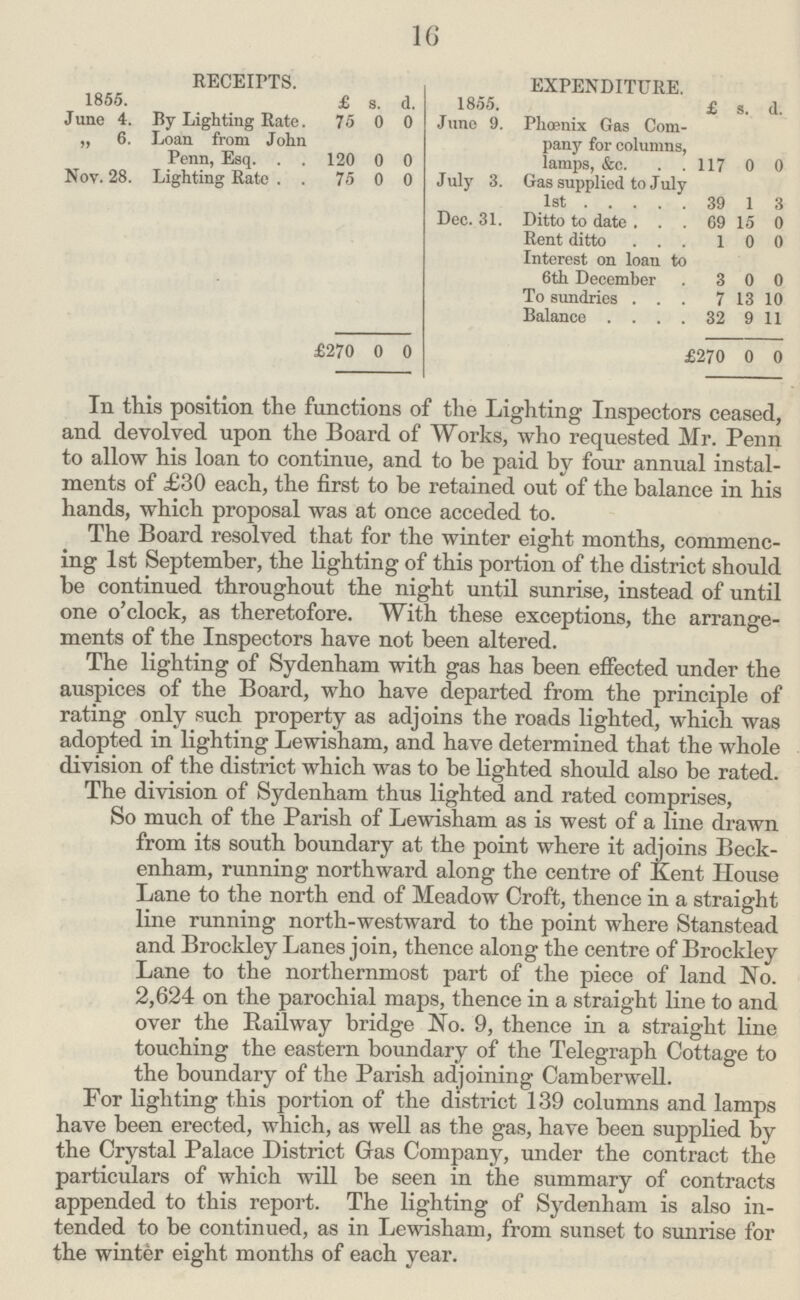 16 RECEIPTS. EXPENDITURE. 1855. £ s. d. 1855. £ s. d. June 4. By Lighting Rate. 75 0 0 June 9. Phoenix Gas Com pany for columns, lamps, &c 117 0 0 „ 6. Loan from John Penn, Esq 120 0 0 Nov. 28. Lighting Rate 75 0 0 July 3. Gas supplied to July 1st 39 1 3 Dec. 31. Ditto to date 69 15 0 Rent ditto 1 0 0 Interest on loan to 6th December 3 0 0 To sundries 7 18 10 Balance 32 9 11 £270 0 0 £270 0 0 In this position the functions of the Lighting Inspectors ceased, and devolved upon the Board of Works, who requested Mr. Penn to allow his loan to continue, and to be paid by four annual instal ments of £30 each, the first to be retained out of the balance in his hands, which proposal was at once acceded to. The Board resolved that for the winter eight months, commenc ing 1st September, the lighting of this portion of the district should be continued throughout the night until sunrise, instead of until one o'clock, as theretofore. With these exceptions, the arrange ments of the Inspectors have not been altered. The lighting of Sydenham with gas has been effected under the auspices of the Board, who have departed from the principle of rating only such property as adjoins the roads lighted, which was adopted in lighting Lewisham, and have determined that the whole division of the district which was to be lighted should also be rated. The division of Sydenham thus lighted and rated comprises, So much of the Parish of Lewisham as is west of a line drawn from its south boundary at the point where it adjoins Beck enham, running northward along the centre of Kent House Lane to the north end of Meadow Croft, thence in a straight line running north-westward to the point where Stanstead and Brockley Lanes join, thence along the centre of Brockley Lane to the northernmost part of the piece of land No. 2,624 on the parochial maps, thence in a straight line to and over the Railway bridge No. 9, thence in a straight line touching the eastern boundary of the Telegraph Cottage to the boundary of the Parish adjoining Camberwell. For lighting this portion of the district 139 columns and lamps have been erected, which, as well as the gas, have been supplied by the Crystal Palace District Gas Company, under the contract the particulars of which will be seen in the summary of contracts appended to this report. The lighting of Sydenham is also in tended to be continued, as in Lewisham, from sunset to sunrise for the winter eight months of each year.