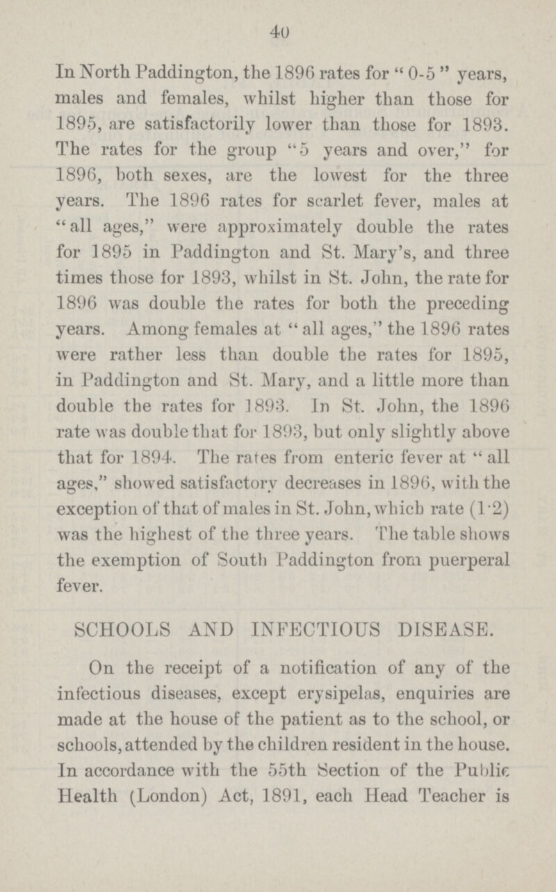 40 In North Paddington, the 1896 rates for  0.5  years, males and females, whilst higher than those for 1895, are satisfactorily lower than those for 1893. The rates for the group 5 years and over, for 1896, both sexes, are the lowest for the three years. The 1896 rates for scarlet fever, males at all ages, were approximately double the rates for 1895 in Paddington and St. Mary's, and three times those for 1893, whilst in St. John, the rate for 1896 was double the rates for both the preceding years. Among females at all ages, the 1896 rates were rather less than double the rates for 1895, in Paddington and St. Mary, and a little more than double the rates for 1893. In St. John, the 1896 rate was double that for 1893, but only slightly above that for 1894. The rates from enteric fever at  all ages, showed satisfactory decreases in 1896, with the exception of that of males in St. John, which rate (1.2) was the highest of the three years. The table shows the exemption of South Paddington from puerperal fever. SCHOOLS AND INFECTIOUS DISEASE. On the receipt of a notification of any of the infectious diseases, except erysipelas, enquiries are made at the house of the patient as to the school, or schools, attended by the children resident in the house. In accordance with the 55th Section of the Public Health (London) Act, 1891, each Head Teacher is