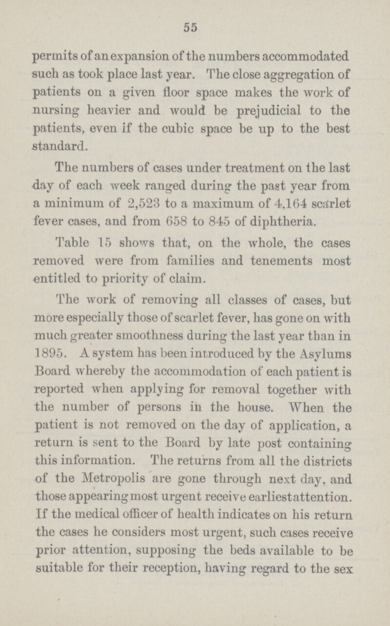 55 permits of an expansion of the numbers accommodated such as took place last year. The close aggregation of patients on a given floor space makes the work of nursing heavier and would be prejudicial to the patients, even if the cubic space be up to the best standard. The numbers of cases under treatment on the last day of each week ranged during the past year from a minimum of 2,523 to a maximum of 4,164 scarlet fever cases, and from 658 to 845 of diphtheria. Table 15 shows that, on the whole, the cases removed were from families and tenements most entitled to priority of claim. The work of removing all classes of cases, but more especially those of scarlet fever, has gone on with much greater smoothness during the last year than in 1895. A system has been introduced by the Asylums Board whereby the accommodation of each patient is reported when applying for removal together with the number of persons in the house. When the patient is not removed on the day of application, a return is sent to the Board by late post containing this information. The returns from all the districts of the Metropolis are gone through next day, and those appearing most urgent receive earliestattention. If the medical officer of health indicates on his return the cases he considers most urgent, such cases receive prior attention, supposing the beds available to be suitable for their reception, having regard to the sex