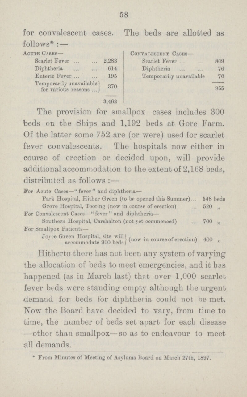 58 for convalescent cases. The beds are allotted as follows*:— Acute Cases— Scarlet Fever 2,283 Diphtheria 614 Enteric Fever 195 Temporarily unavailable for various reasons 370 3,462 Convalescent Cases— Scarlet Fever 809 Diphtheria 76 Temporarily unavailable 70 955 The provision for smallpox cases includes 300 beds on the Ships and 1,192 beds at Gore Farm. Of the latter some 752 are (or were) used for scarlet fever convalescents. The hospitals now either in course of erection or decided upon, will provide additional accommodation to the extent of 2,168 beds, distributed as follows:— For Acute Cases—fever and diphtheria— Park Hospital, Hither Green (to be opened this Summer) 548 beds Grove Hospital, Tooting (now in course of erection) 520 „ For Convalescent Cases—fever and diphtheria— Southern Hospital, Carshalton (not yet commenced) 700 „ For Smallpox Patients— Joyce Green Hospital, site will) , accommodate 900 beds (Now in course of erection) 400 „ Hitherto there has not been any system of varying the allocation of beds to meet emergencies, and it has happened (as in March last) that over 1,000 scarlet fever beds were standing empty although the urgent demand for beds for diphtheria could not be met. Now the Board have decided to vary, from time to time, the number of beds set apart for each disease —other than smallpox—so as to endeavour to meet all demands. * From Minutes of Meeting of Asylums Board on March 27th, 1897.