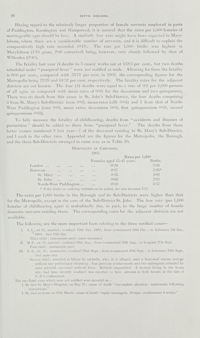 26 SEPTIC DISEASES. Having regard to the relatively larger proportion of female servants employed in parts of Paddington, Kensington and Hampstead, it is natural that the rates per 1,000 females of marriageable ages should he low. A similarlv low rate might have been expected in Mary lebone, where there are a considerable number of servants, and it is difficult to explain the comparatively high rate recorded (0*15). The rate per 1,000 births was highest in Marylebone (1'78 gross, 2*48 corrected) being, however, very cioselv followed bv that of Willesden (2*40). The fatality last year (4 deaths to 3 cases) works out at 133.3 per cent., but two deaths scheduled under puerperal fever were not notified as such. Allowing for them the fatality is 66.6 per cent., compared with 35.71 percent, in 1002, the corresponding figures for the Metropolis being 72.29 and 04*32 per cent, respectively. The fatality rates for the adjacent districts are not known. The four (4) deaths were equal to a rate of 0.2 per 1,000 persons of all ages, as compared with mean rates of 0*03 for the decennium and two quinquennia. There was no death from this cause in St. John's Sub-District, the four deaths comprising 3 from St. Mary's Sub-District (rate 0.03, mean-rates (all) 0004) and 1 from that of North West Paddington (rate 0.05, mean rates, decennium 0*04, first quinquennium 0.05, second quinquennium 0.03). To fully measure the fatality of childbearing, deaths from accidents and diseases of parturition should be added to those from puerperal fever. The deaths from these latter causes numbered 9 last vear—7 of the deceased residing in St. Mary's Sub-District, and 1 each in the other two. Appended are the figures for the Metropolis, the Borough, and the three Sub-Districts arranged in same way as in Table 20. Mortality in Childued. 1903. Rates per 1,000 Females aged 15-45 years. Births. London 0.29 2.86 Borough 0.27 3.93* St. Mary 0.35 4.02 St. John 0.06 2.01 North-West Paddington 0.50 4.57 * If the births in outlying institutions be added, the rate becomes 3'75. The rates per 1,000 births in the Borough and its Sub-Districts were higher than that for the Metropolis, except in the case of the Sub-District St. John. The low rate (per 1,000 females of childbearing ages) is undoubtedly due, in part, to the large number of female domestic servants residing there. The corresponding rates for the adjacent districts are not available. The following are the more important facts relating to the three notified cases— I. A. L., aet 33„ married; confined loth Dec. 1002; fever commenced 24th Dec.; to Infirmary 7th Jan., * 1903 ; died 18th Jan. Third child ; instruments used ; nurse untrained. II. M. P., .net. 25, married; confined 20th Aug.; fever commenced 30th Aug.; to hospital 27th Sept. First child; instruments used. III. E. B., at. 25; unmarried; confined 22nd Sept.; fever commenced 20th Sept.; to Infirmary 30th Sept., . died same day. Second child ; attended in labour by midwife, who, it is alleged, used a borrowed enema syringe without any preliminary cleansing ; four previous confinements and two subsequent attended by same midwife recovered without fever. Midwife unqualified. A woman living in the house who had been recently confined was reported to have abcesses in both breasts at the date of E. B's confinement. The two fatal cases which were not notified were recorded as— f. 39, died St. Mary's Hospital, on May 22 ; cause of death incomplete abortion; septicaemia following miscarriage. f. 28, died at home on 10th March; cause of death septic meningitis, 10 days; confinement, 9 weeks.