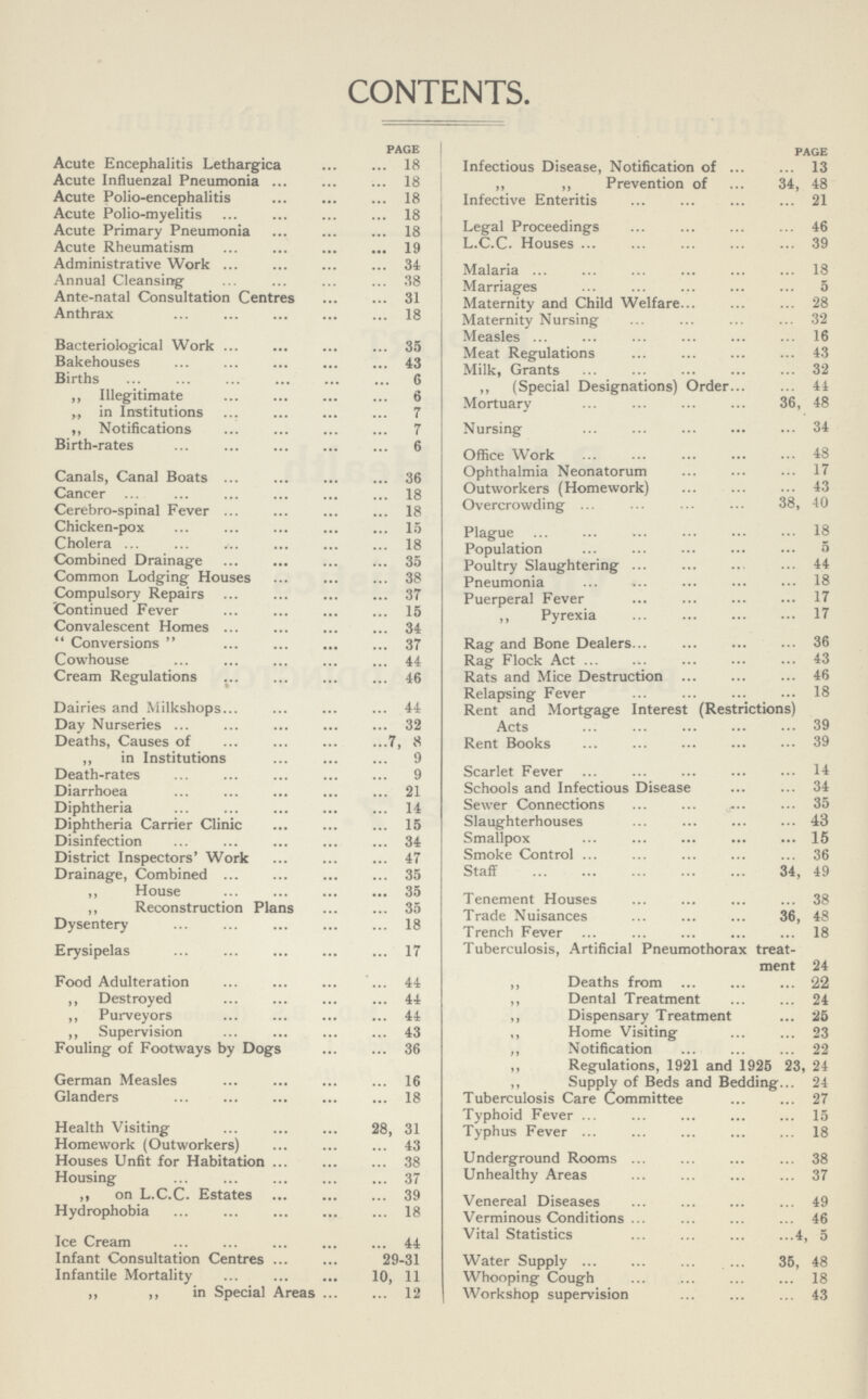 CONTENTS. PAGE Acute Encephalitis Lethargica 18 Acute Influenzal Pneumonia 18 Acute Polio-encephalitis 18 Acute Polio-myelitis 18 Acute Primary Pneumonia 18 Acute Rheumatism 19 Administrative Work 34 Annual Cleansing 38 Ante-natal Consultation Centres 31 Anthrax 18 Bacteriological Work 35 Bakehouses 43 Births C ,, Illegitimate 6 ,, in Institutions 7 ,, Notifications 7 Birth-rates 6 Canals, Canal Boats 36 Cancer 18 Cerebro-spinal Fever 18 Chicken-pox 15 Cholera 18 Combined Drainage 35 Common Lodging Houses 38 Compulsory Repairs 37 Continued Fever 15 Convalescent Homes 34 Conversions 37 Cowhouse 44 Cream Regulations 46 Dairies and Milkshops 44 Day Nurseries 32 Deaths, Causes of 7, 8 ,, in Institutions 9 Death-rates 9 Diarrhœa 21 Diphtheria 14 Diphtheria Carrier Clinic 15 Disinfection 34 District Inspectors' Work 47 Drainage, Combined 35 ,, House 35 ,, Reconstruction Plans 35 Dysentery 18 Erysipelas 17 Food Adulteration 44 „ Destroyed 44 ,, Purveyors 44 ,, Supervision 43 Fouling of Footways by Dogs 36 German Measles 16 Glanders 18 Health Visiting 28, 31 Homework (Outworkers) 43 Houses Unfit for Habitation 38 Housing 37 ,, on L.C.C. Estates 39 Hydrophobia 18 Ice Cream 44 Infant Consultation Centres 29-31 Infantile Mortality 10, 11 ,, ,, in Special Areas 12 PAGE Infectious Disease, Notification of 13 ,, ,, Prevention of 34, 48 Infective Enteritis 21 Legal Proceedings 46 L.C.C. Houses 39 Malaria 18 Marriages 5 Maternity and Child Welfare 28 Maternity Nursing 32 Measles 16 Meat Regulations 43 Milk, Grants 32 ,, (Special Designations) Order 41 Mortuary 36, 48 Nursing 34 Office Work 43 Ophthalmia Neonatorum 17 Outworkers (Homework) 43 Overcrowding 38, 40 Plague 18 Population 5 Poultry Slaughtering 44 Pneumonia 18 Puerperal Fever 17 ,, Pyrexia 17 Rag and Bone Dealers 36 Rag Flock Act 43 Rats and Mice Destruction 46 Relapsing Fever 18 Rent and Mortgage Interest (Restrictions) Acts 39 Rent Books 39 Scarlet Fever 14 Schools and Infectious Disease 34 Sewer Connections 35 Slaughterhouses 43 Smallpox 15 Smoke Control 36 Staff 34, 49 Tenement Houses 38 Trade Nuisances 36, 48 Trench Fever 18 Tuberculosis, Artificial Pneumothorax treat ment 24 ,, Deaths from 22 ,, Dental Treatment 24 ,, Dispensary Treatment 25 ,, Home Visiting 23 ,, Notification 22 ,, Regulations, 1921 and 1925 23, 24 ,, Supply of Beds and Bedding 24 Tuberculosis Care Committee 27 Typhoid Fever 15 Typhus Fever 18 Underground Rooms 38 Unhealthy Areas 37 Venereal Diseases 49 Verminous Conditions 46 Vital Statistics 4, 5 Water Supply 35, 48 Whooping Cough 18 Workshop supervision 43