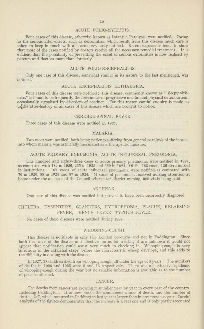 18 ACUTE POLIO-MYELITIS. Four cases of this disease, otherwise known as Infantile Paralysis, were notified. Owing to the serious after-effects, such as deformities, which result from this disease much care is taken to keep in touch with all cases previously notified. Recent experience tends to show that most of the cases notified by doctors receive all the necessary remedial treatment. It is evident that the possibility of preventing the onset of serious deformities is now realised by parents and doctors more than formerly. ACUTE POLIO-ENCEPHALITIS. Only one case of this disease, somewhat similar in its nature to the last mentioned, was notified. ACUTE ENCEPHALITIS LETHARGICA. Four cases of this disease were notified; this disease, commonly known as sleepy sick ness, is found to be frequently the forerunner of progressive mental and physical deterioration, occasionally signalised by disorders of conduct. For this reason careful enquiry is made as tojthe after-history of all cases of this disease which are brought to notice. CEREBRO-SPINAL FEVER. Three cases of this disease were notified in 1927. MALARIA. Two cases were notified, both being patients suffering from general paralysis of the insane, into whom malaria was artificially inoculated as a therapeutic measure. ACUTE PRIMARY PNEUMONIA, ACUTE INFLUENZAL PNEUMONIA. One hundred and eighty-three cases of acute primary pneumonia were notified in 1927, as compared with 184 in 1926, 265 in 1925 and 369 in 1924. Of the 183 cases, 126 were nursed in institutions. 107 cases of acute influenzal pneumonia were notified as compared with 76 in 1926, 88 in 1925 and 87 in 1924. 51 cases of pneumonia received nursing attention at home under the auspices of the Council scheme for district nursing, 988 visits being paid. ANTHRAX. One case of this disease was notified but proved to have been incorrectly diagnosed. CHOLERA, DYSENTERY, GLANDERS, HYDROPHOBIA, PLAGUE, RELAPSING FEVER, TRENCH FEVER, TYPHUS FEVER. No cases of these diseases were notified during 1927. WHOOPING-COUGH. This disease is notifiable in only two London boroughs and not in Paddington. Since both the cause of the disease and effective means for treating it are unknown it would not appear that notification could assist very much in checking it. Whooping-cough is very infectious in the catarrhal stage, before the characteristic whoop develops, and this adds to the difficulty in dealing with the disease. In 1927, 38 children died from whooping-cough, all under the age of 5 years. The numbers of deaths in 1926 and 1925 were 8 and 13 respectively. There was an extensive epidemic of whooping-cough during the year but no reliable information is available as to the number of persons affected. CANCER. i The deaths from cancer are growing in number year by year in every part of the country, including Paddington. It is now one of the commonest causes of death, and the number of deaths, 247, which occurred in Paddington last year is larger than in any previous year. Careful analysis of the figures demonstrates that the increase is a real one and is only partly accounted