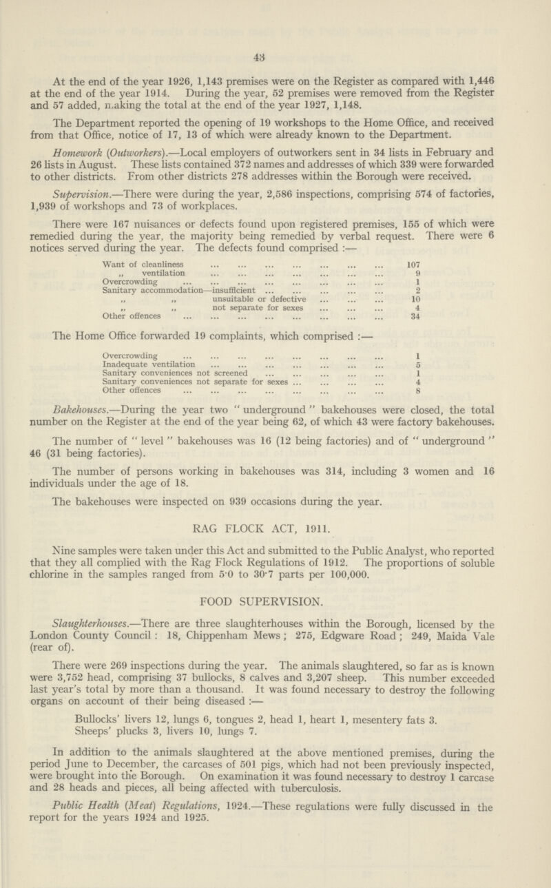 43 At the end of the year 1926, 1,143 premises were on the Register as compared with 1,446 at the end of the year 1914. During the year, 52 premises were removed from the Register and 57 added, n.aking the total at the end of the year 1927, 1,148. The Department reported the opening of 19 workshops to the Home Office, and received from that Office, notice of 17, 13 of which were already known to the Department. Homework (Outworkers).—Local employers of outworkers sent in 34 lists in February and 26 lists in August. These lists contained 372 names and addresses of which 339 were forwarded to other districts. From other districts 278 addresses within the Borough were received. Supervision.—There were during the year, 2,586 inspections, comprising 574 of factories, 1,939 of workshops and 73 of workplaces. There were 167 nuisances or defects found upon registered premises, 155 of which were remedied during the year, the majority being remedied by verbal request. There were 6 notices served during the year. The defects found comprised:— Want of cleanliness 107 „ ventilation 9 Overcrowding 1 Sanitary accommodation—insufficient 2 „ „ unsuitable or defective 10 „ „ not separate for sexes 4 Other offences 34 The Home Office forwarded 19 complaints, which comprised:— Overcrowding 1 Inadequate ventilation 5 Sanitary conveniences not screened 1 Sanitary conveniences not separate for sexes 4 Other offences 8 Bakehouses.—During the year two underground bakehouses were closed, the total number on the Register at the end of the year being 62, of which 43 were factory bakehouses. The number of level bakehouses was 16 (12 being factories) and of  underground  46 (31 being factories). The number of persons working in bakehouses was 314, including 3 women and 16 individuals under the age of 18. The bakehouses were inspected on 939 occasions during the year. RAG FLOCK ACT, 1911. Nine samples were taken under this Act and submitted to the Public Analyst, who reported that they all complied with the Rag Flock Regulations of 1912. The proportions of soluble chlorine in the samples ranged from 5.0 to 30.7 parts per 100,000. FOOD SUPERVISION. Slaughterhouses.—There are three slaughterhouses within the Borough, licensed by the London County Council: 18, Chippenham Mews; 275, Edgware Road; 249, Maida Vale (rear of). There were 269 inspections during the year. The animals slaughtered, so far as is known were 3,752 head, comprising 37 bullocks, 8 calves and 3,207 sheep. This number exceeded last year's total by more than a thousand. It was found necessary to destroy the following organs on account of their being diseased:— Bullocks' livers 12, lungs 6, tongues 2, head 1, heart 1, mesentery fats 3. Sheeps' plucks 3, livers 10, lungs 7. In addition to the animals slaughtered at the above mentioned premises, during the period June to December, the carcases of 501 pigs, which had not been previously inspected, were brought into the Borough. On examination it was found necessary to destroy 1 carcase and 28 heads and pieces, all being affected with tuberculosis. Public Health (Meat) Regulations, 1924.—These regulations were fully discussed in the report for the years 1924 and 1925.