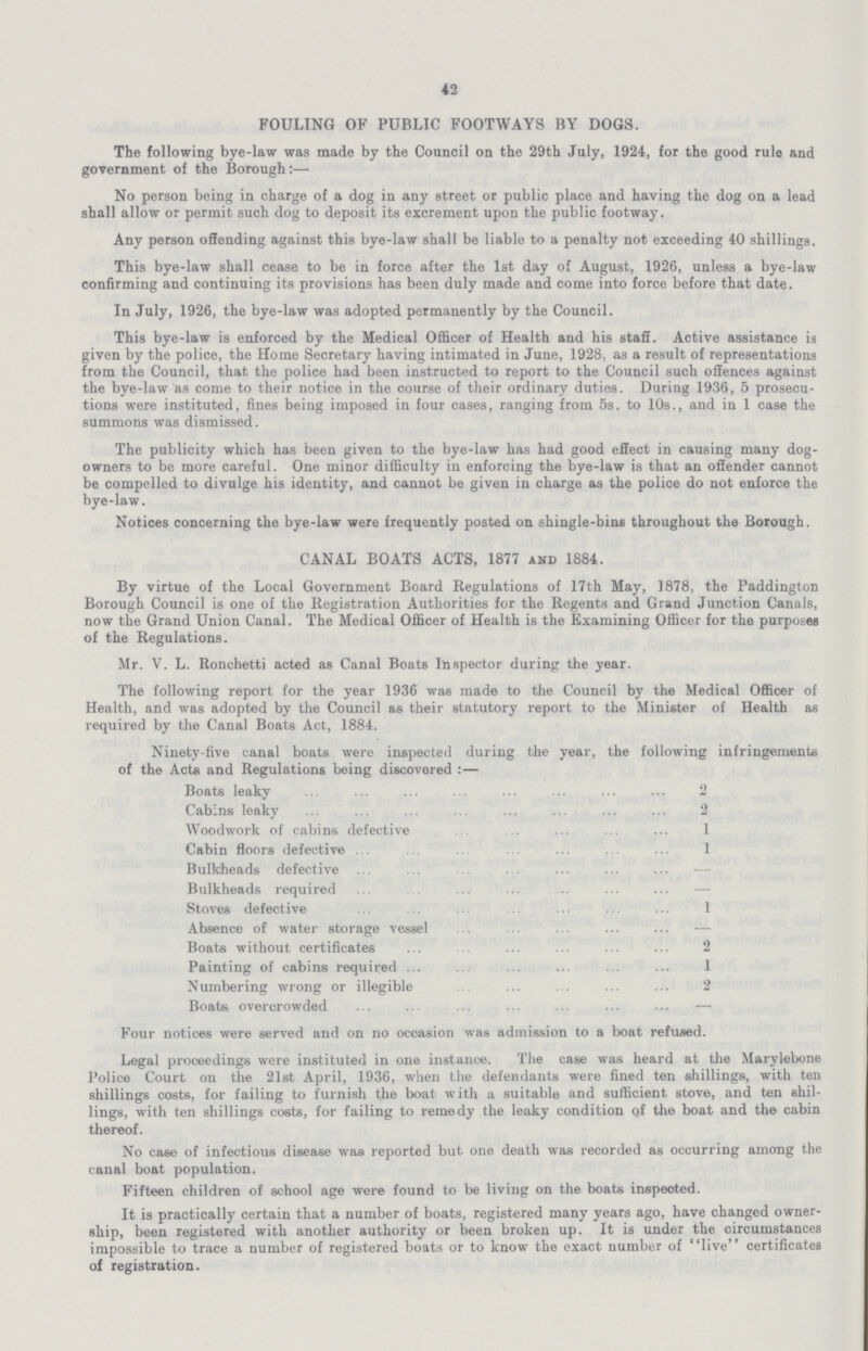 42 FOULING OF PUBLIC FOOTWAYS BY DOGS The following bye-law was made by the Council on the 29th July, 1924, for the good rule and government of the Borough:— No person being in charge of a dog in any street or public place and having the dog on a lead shall allow or permit such dog to deposit its excrement upon the public footway Any person offending against this bye-law shall be liable to a penalty not exceeding 40 shillings This bye-law shall cease to be in force after the 1st day of August, 1926, unless a bye-law confirming and continuing its provisions has been duly made and come into force before that date In July, 1926, the bye-law was adopted permanently by the Council This bye-law is enforced by the Medical Officer of Health and his stafi Active assistance is given by the police, the Home Secretary having intimated in June, 1928 as a result of representations from the Council, that the police had been instructed to report to the Council such offences against the bye-law as come to their notice in the course of their ordinary duties During 1936, 5 prosecu tions were instituted, fines being imposed in four cases, ranging from 5s to 10s, and in 1 case the summons was dismissed The publicity which has been given to the bye-law has had good effect in causing many dog owners to be more careful One minor difficulty in enforcing the bye-law is that an offender cannot be compelled to divulge his identity, and cannot be given in charge as the police do not enforce the bye-law Notices concerning the bye-law were frequently posted on shingle-bins throughout the Borough CANAL BOATS ACTS, 1877 and 1884 By virtue of the Local Government Board Regulations of Nth May, 1878, the Paddington Borough Council is one of the Registration Authorities for the Regents and Grand Junction Canals, now the Grand Union Canal The Medical Officer of Health is the Examining Officer for the purposes of the Regulations Mr V L Ronchetti acted as Canal Boats Inspector during the year The following report for the year 1936 was made to the Council by the Medical Officer of Health, and was adopted by the Council as their statutory report to the Minister of Health as required by the Canal Boats Act, 1884 Ninety-five canal boats were inspected during the year, the following infringements of the Acts and Regulations being discovered:— Boats leaky 2 Cabins leaky 2 Woodwork of cabins defective 1 Cabin floors defective 1 Bulkheads defective - Bulkheads required — Stoves defective 1 Absence of water storage vessel — Boats without certificates 2 Painting of cabins required 1 Numbering wrong or illegible 2 Boats overcrowded — Four notices were served and on no occasion was admission to a boat refused Legal proceedings were instituted in one instanoe The case was heard at the Marylebone Police Court on the 21st April, 1936, when the defendants were fined ten shillings, with ten shillings costs, for failing to furnish the boat with a suitable and sufficient stove, and ten shil lings, with ten shillings costs, for failing to remedy the leaky condition of the boat and the cabin thereof. No case of infectious disease was reported but one death was recorded as occurring among the canal boat population. Fifteen children of school age were found to be living on the boats inspected. It is practically certain that a number of boats, registered many years ago, have changed owner ship, been registered with another authority or been broken up It is under the circumstances impossible to trace a number of registered boats or to know the exact number of live certificates of registration.