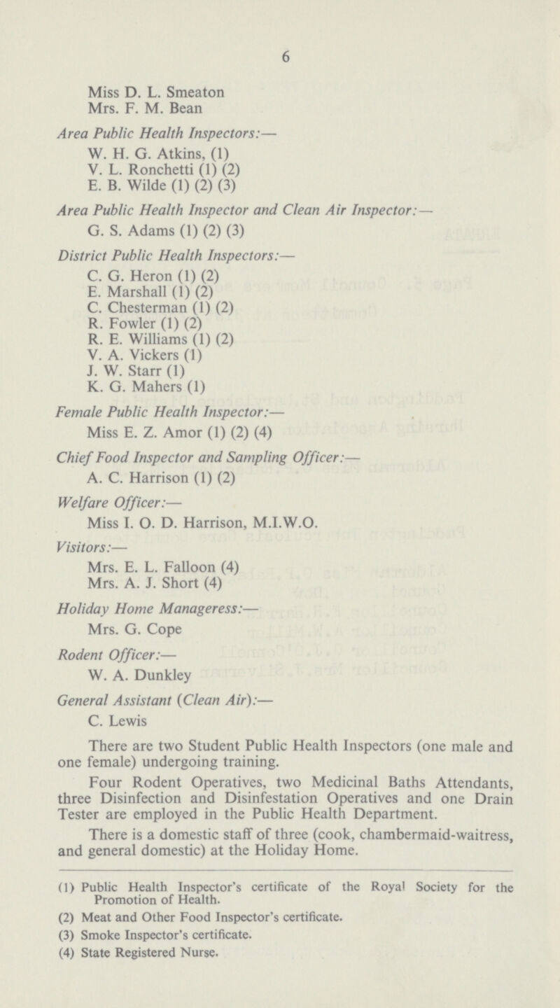 6 Miss D. L. Smeaton Mrs. F. M. Bean Area Public Health Inspectors:— W. H. G. Atkins, (1) V. L. Ronchetti (1) (2) E. B. Wilde (1) (2) (3) Area Public Health Inspector and Clean Air Inspector: — G. S. Adams (1) (2) (3) District Public Health Inspectors:— C. G. Heron (1) (2) E. Marshall (1) (2) C. Chesterman (1) (2) R. Fowler (1) (2) R. E. Williams (1) (2) V. A. Vickers (1) J. W. Starr (1) K. G. Mahers (1) Female Public Health Inspector:— Miss E. Z. Amor (1) (2) (4) Chief Food Inspector and Sampling Officer:— A. C. Harrison (1) (2) Welfare Officer:— Miss I. O. D. Harrison, M.I.W.O. Visitors:— Mrs. E. L. Falloon (4) Mrs. A. J. Short (4) Holiday Home Manageress:— Mrs. G. Cope Rodent Officer:— W. A. Dunkley General Assistant (Clean Air):— C. Lewis There are two Student Public Health Inspectors (one male and one female) undergoing training. Four Rodent Operatives, two Medicinal Baths Attendants, three Disinfection and Disinfestation Operatives and one Drain Tester are employed in the Public Health Department. There is a domestic staff of three (cook, chambermaid-waitress, and general domestic) at the Holiday Home. (1) Public Health Inspector's certificate of the Royal Society for the Promotion of Health. (2) Meat and Other Food Inspector's certificate. (3) Smoke Inspector's certificate. (4) State Registered Nurse.