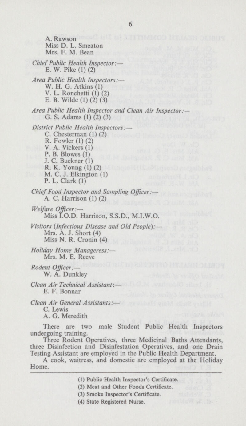 6 A. Rawson Miss D. L. Smeaton Mrs. F. M. Bean Chief Public Health Inspector:— E. W. Pike (1) (2) Area Public Health Inspectors:— W. H. G. Atkins (1) V. L. Ronchetti (1) (2) E. B. Wilde (1) (2) (3) Area Public Health Inspector and Clean Air Inspector:— G. S. Adams (1) (2) (3) District Public Health Inspectors:— C. Chesterman (1) (2) R. Fowler (1) (2) V. A. Vickers (1) P. B. Blowes (1) J. C. Buckner (1) R. K. Young (1) (2) M. C. J. Elkington (1) P. L. Clark (1) Chief Food Inspector and Sampling Officer:— A. C. Harrison (1) (2) Welfare Officer:— Miss I.O.D. Harrison, S.S.D., M.I.W.O. Visitors (Infectious Disease and Old People):— Mrs. A. J. Short (4) Miss N. R. Cronin (4) Holiday Home Manageress:— Mrs. M. E. Reeve Rodent Officer:— W. A. Dunkley Clean Air Technical Assistant:— E. F. Bonnar Clean Air General Assistants:— C. Lewis A. G. Meredith There are two male Student Public Health Inspectors undergoing training. Three Rodent Operatives, three Medicinal Baths Attendants, three Disinfection and Disinfestation Operatives, and one Drain Testing Assistant are employed in the Public Health Department. A cook, waitress, and domestic are employed at the Holiday Home. (1) Public Health Inspector's Certificate. (2) Meat and Other Foods Certificate. (3) Smoke Inspector's Certificate. (4) State Registered Nurse.