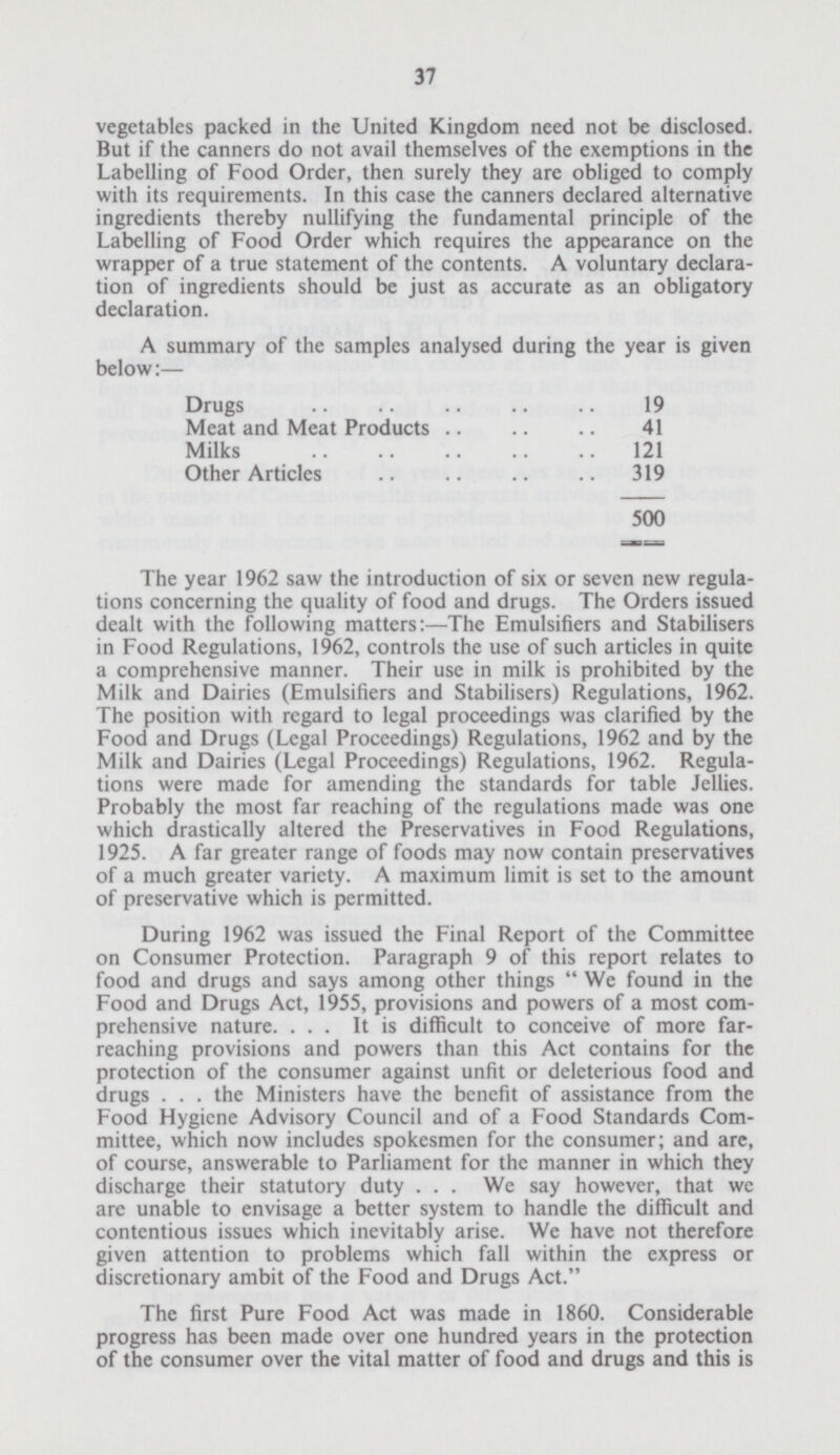 37 vegetables packed in the United Kingdom need not be disclosed. But if the canners do not avail themselves of the exemptions in the Labelling of Food Order, then surely they are obliged to comply with its requirements. In this case the canners declared alternative ingredients thereby nullifying the fundamental principle of the Labelling of Food Order which requires the appearance on the wrapper of a true statement of the contents. A voluntary declara tion of ingredients should be just as accurate as an obligatory declaration. The year 1962 saw the introduction of six or seven new regula tions concerning the quality of food and drugs. The Orders issued dealt with the following matters:—The Emulsifiers and Stabilisers in Food Regulations, 1962, controls the use of such articles in quite a comprehensive manner. Their use in milk is prohibited by the Milk and Dairies (Emulsifiers and Stabilisers) Regulations, 1962. The position with regard to legal proceedings was clarified by the Food and Drugs (Legal Proceedings) Regulations, 1962 and by the Milk and Dairies (Legal Proceedings) Regulations, 1962. Regula tions were made for amending the standards for table Jellies. Probably the most far reaching of the regulations made was one which drastically altered the Preservatives in Food Regulations, 1925. A far greater range of foods may now contain preservatives of a much greater variety. A maximum limit is set to the amount of preservative which is permitted. During 1962 was issued the Final Report of the Committee on Consumer Protection. Paragraph 9 of this report relates to food and drugs and says among other things  We found in the Food and Drugs Act, 1955, provisions and powers of a most com prehensive nature. ... It is difficult to conceive of more far reaching provisions and powers than this Act contains for the protection of the consumer against unfit or deleterious food and drugs . . . the Ministers have the benefit of assistance from the Food Hygiene Advisory Council and of a Food Standards Com mittee, which now includes spokesmen for the consumer; and are, of course, answerable to Parliament for the manner in which they discharge their statutory duty . . . We say however, that we are unable to envisage a better system to handle the difficult and contentious issues which inevitably arise. We have not therefore given attention to problems which fall within the express or discretionary ambit of the Food and Drugs Act. The first Pure Food Act was made in 1860. Considerable progress has been made over one hundred years in the protection of the consumer over the vital matter of food and drugs and this is A summary of the samples analysed during the year is given below:— Drugs 19 Meat and Meat Products 41 Milks 121 Other Articles 319 500