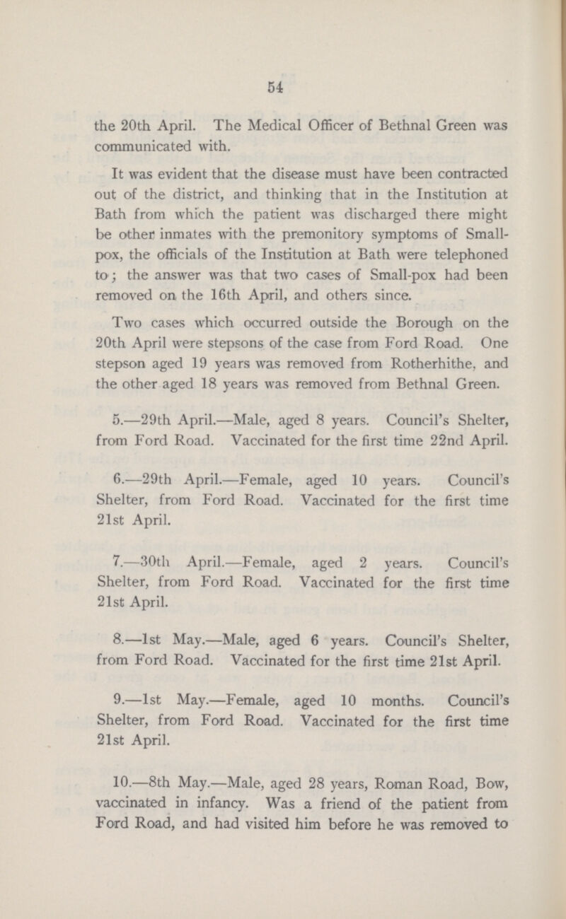 54 the 20th April. The Medical Officer of Bethnal Green was communicated with. It was evident that the disease must have been contracted out of the district, and thinking that in the Institution at Bath from which the patient was discharged there might be other inmates with the premonitory symptoms of Small pox, the officials of the Institution at Bath were telephoned to ; the answer was that two cases of Small-pox had been removed on the 16th April, and others since. Two cases which occurred outside the Borough on the 20th April were stepsons of the case from Ford Road. One stepson aged 19 years was removed from Rotherhithe, and the other aged 18 years was removed from Bethnal Green. 5.—29th April.—Male, aged 8 years. Council's Shelter, from Ford Road. Vaccinated for the first time 22nd April. 6.—29th April.—Female, aged 10 years. Council's Shelter, from Ford Road. Vaccinated for the first time 21st April. 7.—30th April.—Female, aged 2 years. Council's Shelter, from Ford Road. Vaccinated for the first time 21st April. 8.—1st May.—Male, aged 6 years. Council's Shelter, from Ford Road. Vaccinated for the first time 21st April. 9.—1st May.—Female, aged 10 months. Council's Shelter, from Ford Road. Vaccinated for the first time 21st April. 10.—8th May.—Male, aged 28 years, Roman Road, Bow, vaccinated in infancy. Was a friend of the patient from Ford Road, and had visited him before he was removed to