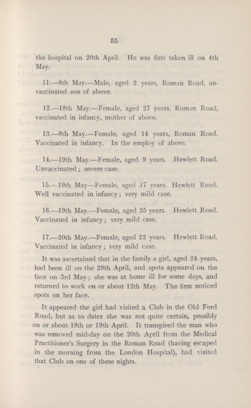 55 the hospital on 20th April. He was first taken ill on 4th May. 11.— 8th May.—Male, aged 2 years, Roman Road, un vaccinated son of above. 12.—18th May.—Female, aged 27 years, Roman Road, vaccinated in infancy, mother of above. 13.—8th May.—Female, aged 14 years, Roman Road. Vaccinated in infancy. In the employ of above. 14.—19th May.—Female, aged 9 years. Hewlett Road. Unvaccinated; severe case. 15.— 19th May—Female, aged 17 years. Hewlett Road. Well vaccinated in infancy; very mild case. 16.—19th May.—Female, aged 25 years. Hewlett Road. Vaccinated in infancy; very mild case. 17.—20th May.—Female, aged 22 years. Hewlett Road. Vaccinated in infancy; very mild case. It was ascertained that in the family a girl, aged 24 years, had been ill on the 29th April, and spots appeared on the face on 3rd May; she was at home ill for some days, and returned to work on or about 12th May. The firm noticed spots on her face. It appeared the girl had visited a Club in the Old Ford Road, but as to dates she was not quite certain, possibly on or about 18th or 19th April. It transpired the man who was removed mid-day on the 20th April from the Medical Practitioner's Surgery in the Roman Road (having escaped in the morning from the London Hospital), had visited that Club on one of these nights.