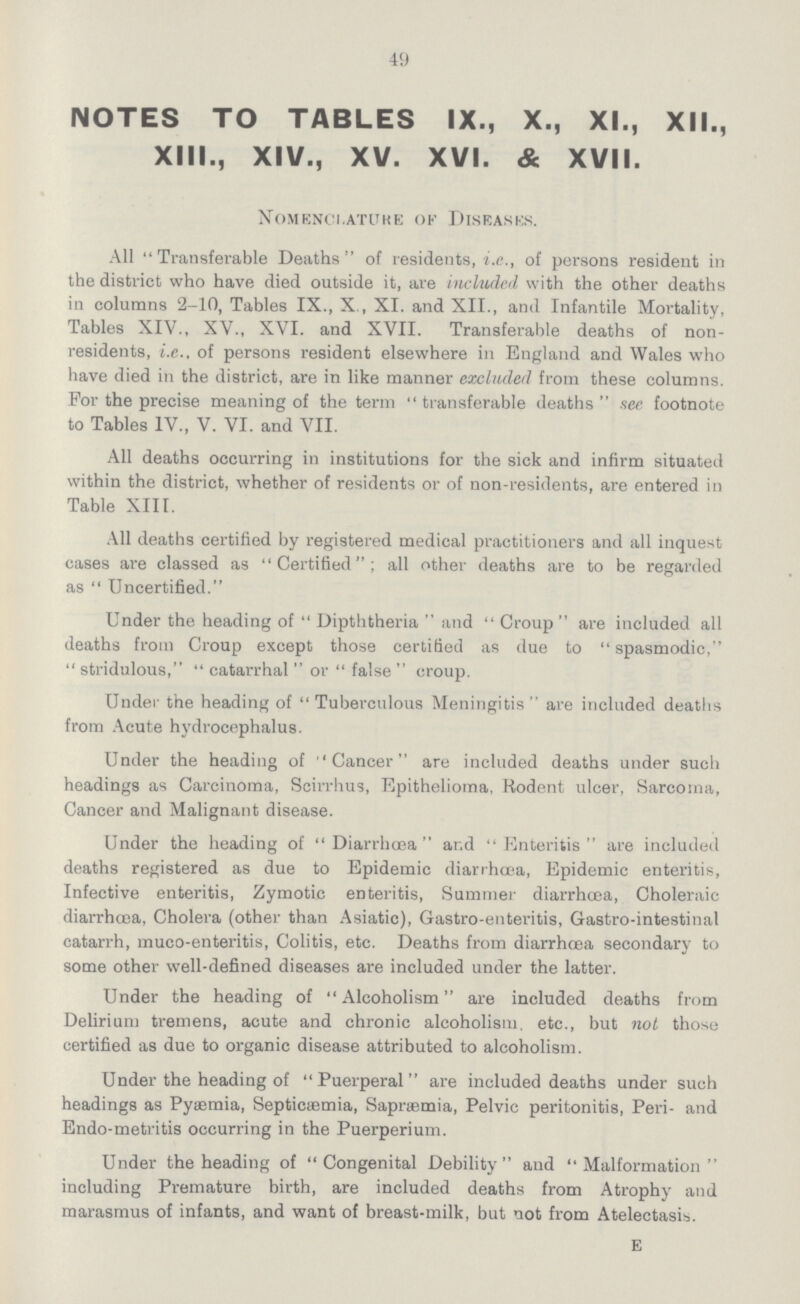 49 NOTES TO TABLES IX., X., XI., XII., XIII., XIV., XV. XVI. & XVII. Nomenclature of Diseases. All Transferable Deaths of residents, i.e., of persons resident in the district who have died outside it, are included with the other deaths in columns 2-10, Tables IX., X., XI. and XII., and Infantile Mortality, Tables XIV., XV., XVI. and XVII. Transferable deaths of non residents, i.e., of persons resident elsewhere in England and Wales who have died in the district, are in like manner excluded from these columns. For the precise meaning of the term transferable deaths see footnote to Tables IV., V. VI. and VII. All deaths occurring in institutions for the sick and infirm situated within the district, whether of residents or of non-residents, are entered in Table XIII. All deaths certified by registered medical practitioners and all inquest cases are classed as Certified; all other deaths are to be regarded as Uncertified. Under the heading of Dipththeria and Croup are included all deaths from Croup except those certified as due to spasmodic, stridulous, catarrhal or false croup. Under the heading of Tuberculous Meningitis are included deaths from Acute hydrocephalus. Under the heading of ''Cancer are included deaths under such headings as Carcinoma, Scirrhus, Epithelioma, Rodent ulcer, Sarcoma, Cancer and Malignant disease. Under the heading of Diarrhœa and Enteritis are included deaths registered as due to Epidemic diarrhoea, Epidemic enteritis, Infective enteritis, Zymotic enteritis, Summer diarrhoea, Choleraic diarrhœa, Cholera (other than Asiatic), Gastro-enteritis, Gastro-intestinal catarrh, muco-enteritis, Colitis, etc. Deaths from diarrhœa secondary to some other well-defined diseases are included under the latter. Under the heading of Alcoholism are included deaths from Delirium tremens, acute and chronic alcoholism, etc., but not those certified as due to organic disease attributed to alcoholism. Under the heading of Puerperal are included deaths under such headings as Pyaemia, Septicaemia, Sapræmia, Pelvic peritonitis, Peri- and Endo-metritis occurring in the Puerperium. Under the heading of Congenital Debility and Malformation including Premature birth, are included deaths from Atrophy and marasmus of infants, and want of breast-milk, but not from Atelectasis. e
