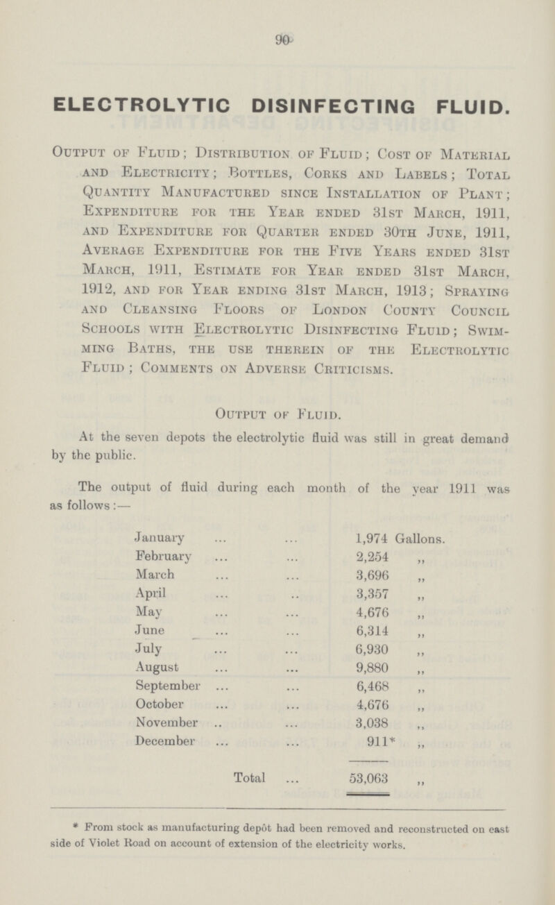 90 ELECTROLYTIC DISINFECTING FLUID. Output of Fluid ; Distribution of Fluid ; Cost of Material and Electricity ; Bottles, Corks and Labels ; Total Quantity Manufactured since Installation of Plant ; Expenditure for the Year ended 31st March, 1911, and Expenditure for Quarter ended 30th June, 1911, Average Expenditure for the Five Years ended 31st March, 1911, Estimate for Year ended 31st March, 1912, and for Year ending 31st March, 1913; Spraying and Cleansing Floors of London County Council Schools with Electrolytic Disinfecting Fluid ; Swim ming Baths, the use therein of the Electrolytic Fluid ; Comments on Adverse Criticisms. Output ok Fluid. At the seven depots the electrolytic fluid was still in great demand by the public. The output of fluid during each month of the year 1911 was as follows:— January 1,974 Gallons. February 2,254 ,, March 3,696 ,, April 3,357 ,, May 4,676 ,, June 6,314 ,, July 6,930 ,, August 9,880 ,, September 6,468 ,, October 4,676 ,, November 3,038 ,, December 911* „ Total 53,063 * From stock as manufacturing depot had been removed and reconstructed on east side of Violet Road on account of extension of the electricity works.