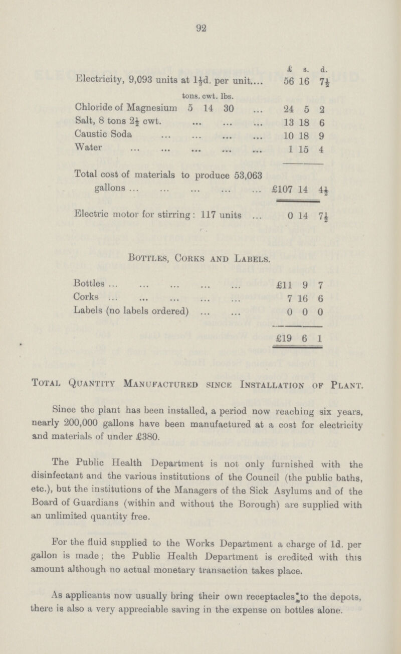  £ s. d. Electricity, 9,093 units at l½d. per unit 56 16 7½ tons. cwt. lbs. Chloride of Magnesium 5 14 30 24 5 2 Salt, 8 tons 2½ cwt. 13 18 6 Caustic Soda 10 18 9 Water 1 15 4 Total cost of materials to produce 53,063 gallons £107 14 4½ Electric motor for stirring : 117 units 0 14 7½ Bottles, Corks and Labels. Bottles £11 9 7 Corks 7 16 6 Labels (no labels ordered) 0 0 0 £19 6 1 Total Quantity Manufactured sinck Installation of Plant. Since the plant has been installed, a period now reaching six years, nearly 200,000 gallons have been manufactured at a cost for electricity and materials of under £380. The Public Health Department is not only furnished with the disinfectant and the various institutions of the Council (the public baths, etc.), but the institutions of the Managers of the Sick Asylums and of the Board of Guardians (within and without the Borough) are supplied with an unlimited quantity free. For the fluid supplied to the Works Department a charge of Id. per gallon is made; the Public Health Department is credited with this amount although no actual monetary transaction takes place. As applicants now usually bring their own receptacles^to the depots, there is also a very appreciable saving in the expense on bottles alone. 92