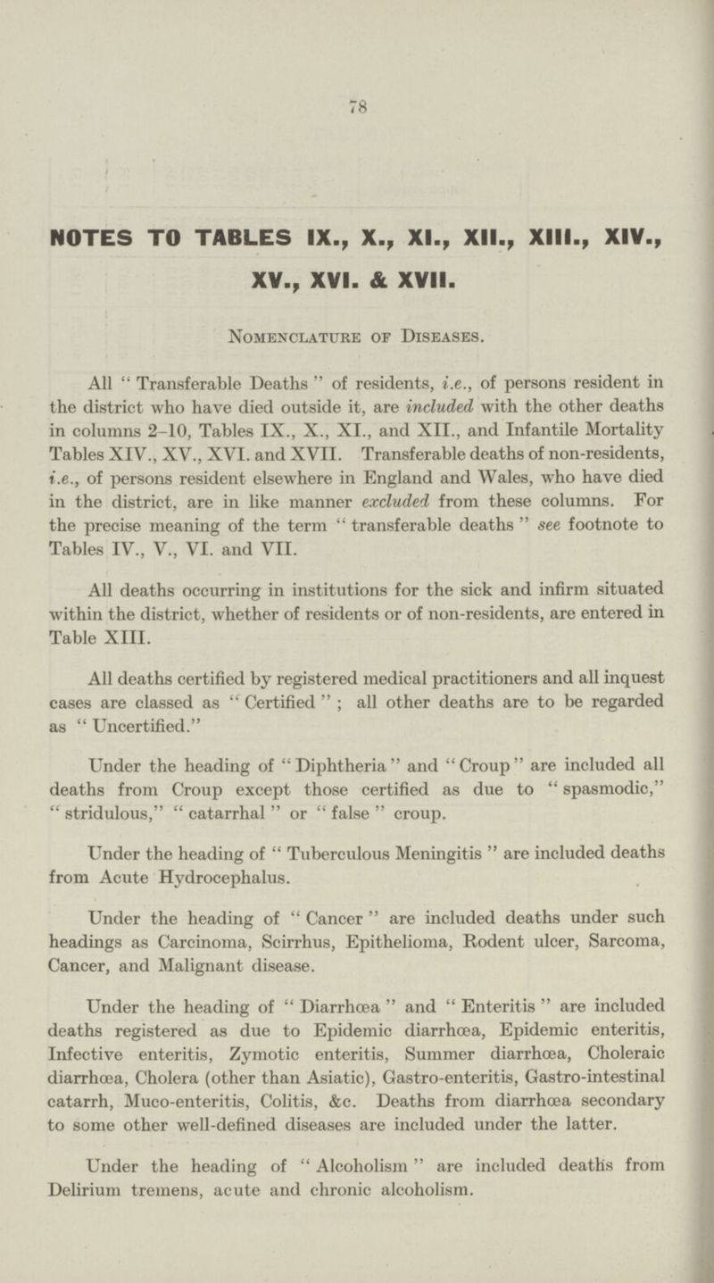 78 NOTES TO TABLES IX., X., XI., XII., XIII., XIV., XV., XVI. & XVII. Nomenclature of Diseases. All Transferable Deaths of residents, i.e., of persons resident in the district who have died outside it, are included with the other deaths in columns 2-10, Tables IX., X., XI., and XII., and Infantile Mortality Tables XIV., XV., XVI. and XVII. Transferable deaths of non-residents, i.e., of persons resident elsewhere in England and Wales, who have died in the district, are in like manner excluded from these columns. For the precise meaning of the term transferable deaths see footnote to Tables IV., V., VI. and VII. All deaths occurring in institutions for the sick and infirm situated within the district, whether of residents or of non-residents, are entered in Table XIII. All deaths certified by registered medical practitioners and all inquest cases are classed as Certified; all other deaths are to be regarded as  Uncertified. Under the heading of Diphtheria and Croup are included all deaths from Croup except those certified as due to spasmodic, stridulous, catarrhal  or false  croup. Under the heading of Tuberculous Meningitis are included deaths from Acute Hydrocephalus. Under the heading of Cancer are included deaths under such headings as Carcinoma, Scirrhus, Epithelioma, Rodent ulcer, Sarcoma, Cancer, and Malignant disease. Under the heading of Diarrhœa and Enteritis are included deaths registered as due to Epidemic diarrhoea, Epidemic enteritis, Infective enteritis, Zymotic enteritis, Summer diarrhoea, Choleraic diarrhoea, Cholera (other than Asiatic), Gastro-enteritis, Gastro-intestinal catarrh, Muco-enteritis, Colitis, &c. Deaths from diarrhoea secondary to some other well-defined diseases are included under the latter. Under the heading of Alcoholism are included deaths from Delirium tremens, acute and chronic alcoholism.