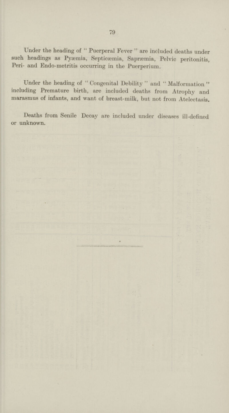 79 Under the heading of Puerperal Fever are included deaths under such headings as Pyaemia, Septicaemia, Sapræmia, Pelvic peritonitis, Peri- and Endo-metritis occurring in the Puerperium. Under the heading of Congenital Debility and Malformation including Premature birth, are included deaths from Atrophy and marasmus of infants, and want of breast-milk, but not from Atelectasis. Deaths from Senile Decay are included under diseases ill-defined or unknown.