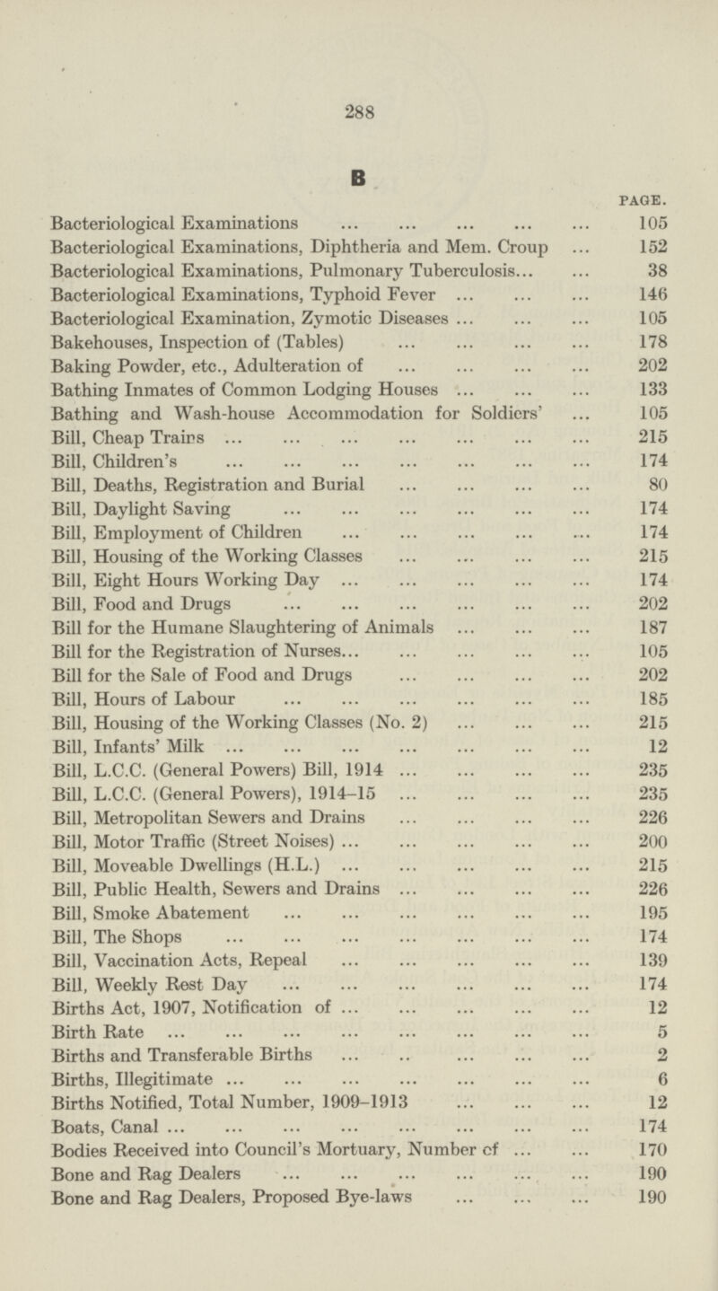 288 B page. Bacteriological Examinations 105 Bacteriological Examinations, Diphtheria and Mem. Croup 152 Bacteriological Examinations, Pulmonary Tuberculosis 38 Bacteriological Examinations, Typhoid Fever 146 Bacteriological Examination, Zymotic Diseases 105 Bakehouses, Inspection of (Tables) 178 Baking Powder, etc., Adulteration of 202 Bathing Inmates of Common Lodging Houses 133 Bathing and Wash-house Accommodation for Soldiers' 105 Bill, Cheap Trains 215 Bill, Children's 174 Bill, Deaths, Registration and Burial 80 Bill, Daylight Saving 174 Bill, Employment of Children 174 Bill, Housing of the Working Classes 215 Bill, Eight Hours Working Day 174 Bill, Food and Drugs 202 Bill for the Humane Slaughtering of Animals 187 Bill for the Registration of Nurses 105 Bill for the Sale of Food and Drugs 202 Bill, Hours of Labour 185 Bill, Housing of the Working Classes (No. 2) 215 Bill, Infants' Milk 12 Bill, L.C.C. (General Powers) Bill, 1914 235 Bill, L.C.C. (General Powers), 1914-15 235 Bill, Metropolitan Sewers and Drains 226 Bill, Motor Traffic (Street Noises) 200 Bill, Moveable Dwellings (H.L.) 215 Bill, Public Health, Sewers and Drains 226 Bill, Smoke Abatement 195 Bill, The Shops 174 Bill, Vaccination Acts, Repeal 139 Bill, Weekly Rest Day 174 Births Act, 1907, Notification of 12 Birth Rate 5 Births and Transferable Births 2 Births, Illegitimate 6 Births Notified, Total Number, 1909-1913 12 Boats, Canal 174 Bodies Received into Council's Mortuary, Number of 170 Bone and Rag Dealers 190 Bone and Rag Dealers, Proposed Bye-laws 190