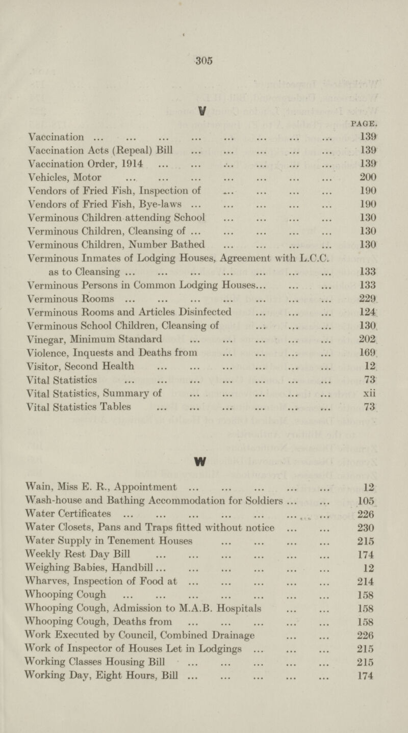 305 V page. Vaccination 139 Vaccination Acts (Repeal) Bill 139 Vaccination Order, 1914 139 Vehicles, Motor 200 Vendors of Fried Fish, Inspection of 190 Vendors of Fried Fish, Bye-laws 190 Verminous Children attending School 130 Verminous Children, Cleansing of 130 Verminous Children, Number Bathed 130 Verminous Inmates of Lodging Houses, Agreement with L.C.C. as to Cleansing 133 Verminous Persons in Common Lodging Houses 133 Verminous Rooms 229 Verminous Rooms and Articles Disinfected 124 Verminous School Children, Cleansing of 130 Vinegar, Minimum Standard 202 Violence, Inquests and Deaths from 169 Visitor, Second Health 12 Vital Statistics 73 Vital Statistics, Summary of xii Vital Statistics Tables 73 w Wain, Miss E. R., Appointment 12 Wash-house and Bathing Accommodation for Soldiers 105 Water Certificates 226 Water Closets, Pans and Traps fitted without notice 230 Water Supply in Tenement Houses 215 Weekly Rest Day Bill 174 Weighing Babies, Handbill 12 Wharves, Inspection of Food at 214 Whooping Cough 158 Whooping Cough, Admission to M.A.B. Hospitals 158 Whooping Cough, Deaths from 158 Work Executed by Council, Combined Drainage 226 Work of Inspector of Houses Let in Lodgings 215 Working Classes Housing Bill 215 Working Day, Eight Hours, Bill 174