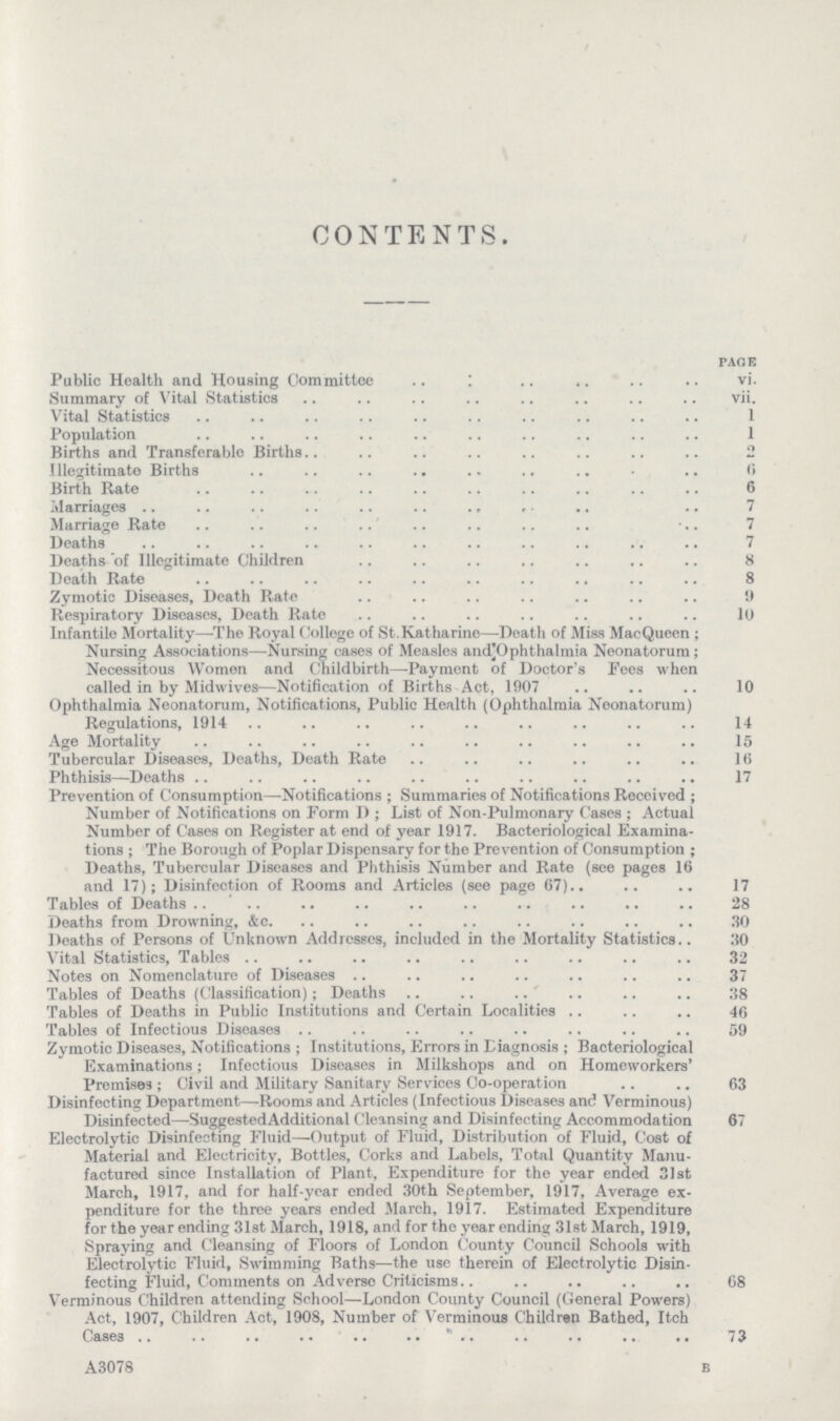 CONTENTS. PAGE Public Health and Housing Committee vi. Summary of Vital Statistics vii. Vital Statistics 1 Population 1 Births and Transferable Births 2 Illegitimate Births 6 Birth Rate 6 Marriages 7 Marriage Rate 7 Deaths 7 Deaths of Illegitimate Children 8 Death Rate 8 Zymotic Diseases, Death Rate 9 Respiratory Diseases, Death Rate 10 Infantile Mortality—The Royal College of St.Katharine—Deatli of Miss MacQueen; Nursing Associations—Nursing cases of Measles and]0phthalmia Neonatorum; Necessitous Women and Childbirth—-Payment of Doctor's Fees when called in by Midwives—Notification of Births Act, 190710 Ophthalmia Neonatorum, Notifications, Public Health (Ophthalmia Neonatorum) Regulations, 1914 14 Age Mortality 15 Tubercular Diseases, Deaths, Death Rate 16 Phthisis—Deaths 17 Prevention of Consumption—Notifications; Summaries of Notifications Received; Number of Notifications on Form D; List of Non-Pulmonary Cases; Actual Number of Cases on Register at end of year 1917. Bacteriological Examina tions; The Borough of Poplar Dispensary for the Prevention of Consumption; Deaths, Tubercular Diseases and Phthisis Number and Rate (see pages 16 and 17); Disinfection of Rooms and Articles (see page 67) 17 Tables of Deaths 28 Deaths from Drowning, &c. 30 Deaths of Persons of Unknown Addresses, included in the Mortality Statistics 30 Vital Statistics, Tables 32 Notes on Nomenclature of Diseases 37 Tables of Deaths (Classification); Deaths 38 Tables of Deaths in Public Institutions and Certain Localities 46 Tables of Infectious Diseases 59 Zymotic Diseases, Notifications ; Institutions, Errors in Eiagnosis; Bacteriological Examinations; Infectious Diseases in Milkshops and on Homeworkers' Premises ; Civil and Military Sanitary Services Co-operation 63 Disinfecting Department—-Rooms and Articles (Infectious Diseases and Verminous) Disinfected—Suggested Additional Cleansing and Disinfecting Accommodation 67 Electrolytic Disinfecting Fluid—Output of Fluid, Distribution of Fluid, Cost of Material and Electricity, Bottles, Corks and Labels, Total Quantity Manu factured since Installation of Plant, Expenditure for the year ended 31st March, 1917, and for half-year ended 30th September, 1917, Average ex penditure for the three years ended March, 1917. Estimated Expenditure for the year ending 31st March, 1918, and for the year ending 31st March, 1919, Spraying and Cleansing of Floors of London County Council Schools with Electrolytic Fluid, Swimming Baths—the use therein of Electrolytic Disin fecting Fluid, Comments on Adverse Criticisms 68 Verminous Children attending School—London County Council (General Powers) Act, 1907, Children Act, 1908, Number of Verminous Children Bathed, Itch Cases 73 A3078 B