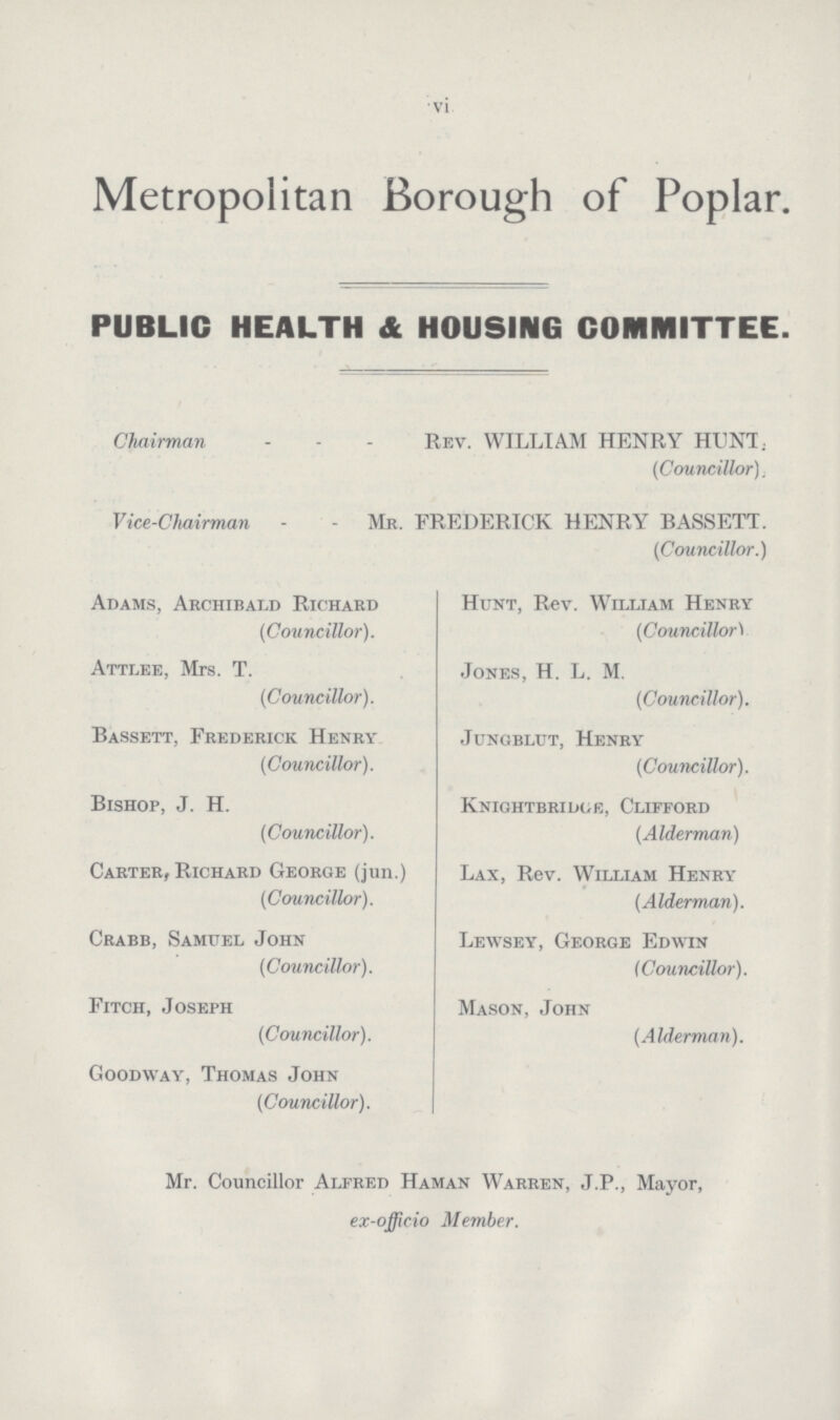 vi Metropolitan Borough of Poplar. PUBLIC HEALTH & HOUSING COMMITTEE. Chairman Rev. WILLIAM HENRY HUNT. (Councillor). Vice-Chairman Mb. FREDERICK HENRY BASSETT. (Councillor.) Adams, Archibald Richard Hunt, Rev. William Henry (Councillor). (Councillor) Attlee, Mrs. T. Jones, H. L. M. (iCouncillor). (Councillor). Bassett, Frederick Henry Jungblut, Henby (Councillor). (Councillor). Bishop, J. H. Knightbridgk, Cliffobd (Councillor). (Alderman) Cabteb, Richabd Geobge (jun.) Lax, Rev. William Henry (Councillor). (Alderman). Crabb, Samuel John Lewsey, George Edwin (Councillor). (Councillor). Fitch, Joseph Mason, John (Councillor). (Alderman). Goodway, Thomas John (Councillor). Mr. Councillor Alfred Haman Warren, J.P., Mayor, ex-officio Member.