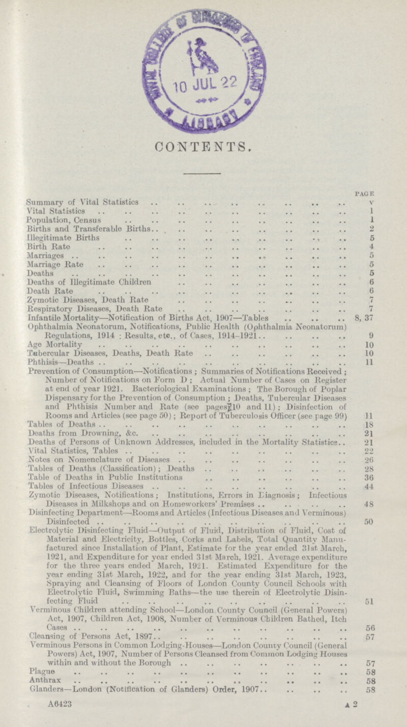 CONTENTS. PAGE Summary of Vital Statistics v Vital Statistics 1 Population, Census 1 Births and Transferable Births 2 Illegitimate Births 5 Birth Rate 4 Marriages 5 Marriage Rate 5 Deaths 5 Deaths of Illegitimate Children 6 Death Rate 6 Zymotic Diseases, Death Rate 7 Respiratory Diseases, Death Rate 7 Infantile Mortality—Notification of Births Act, 1907—Tables 8,37 Ophthalmia Neonatorum, Notifications, Public Health (Ophthalmia Neonatorum) Regulations, 1914: Results, etc., of Cases, 1914-1921 9 Age Mortality 10 Tubercular Diseases, Deaths, Death Rate 10 Phthisis—Deaths 11 Prevention of Consumption—Notifications; Summaries of Notifications Received; Number of Notifications on Form D; Actual Number of Cases on Register at end of year 192]. Bacteriological Examinations; The Borough of Poplar Dispensary for the Prevention of Consumption; Deaths, Tubercular Diseases and Phthisis Number and Rate (see pages lO and 11); Disinfection of Rooms and Articles (see page 50); Report of Tuberculosis Officer (see page 99) 11 Tables of Deaths 18 Deaths from Drowning, &c. 21 Deaths of Persons of Unknown Addresses, included in the Mortality Statistics.. 21 Vital Statistics, Tables 22 Notes on Nomenclature of Diseases 26 Tables of Deaths (Classification); Deaths 28 Table of Deaths in Public Institutions 36 Tables of Infectious Diseases 44 Zymotic Diseases, Notifications ; Institutions, Errors in Diagnosis; Infectious Diseases in Milkshops and on Homeworkers' Premises 48 Disinfecting Department—Rooms and Articles (Infectious Diseases and Verminous) Disinfected 50 Electrolytic Disinfecting Fluid—Output of Fluid, Distribution of Fluid, Cost of Material and Electricity, Bottles, Corks and Labels, Total Quantity Manu factured since Installation of Plant, Estimate for the year ended 31st, March, 1921, and Expenditure for year ended 31st March, 1921. Average expenditure for the three years ended March, 1921. Estimated Expenditure for the year ending 31st March, 1922, and for the year ending 31st March, 1923, Spraying and Cleansing of Floors of London County Council Schools with Electrolytic Fluid, Swimming Baths—the use therein of Electrolytic Disin fecting Fluid 51 Verminous Children attending School—London County Council (General Powers) Act, 1907, Children Act, 1908, Number of Verminous Children Bathed, Itch Cases 56 Cleansing of Persons Act, 1897 57 Verminous Persons in Common Lodging-Houses—London County Council (General Powers) Act, 1907, Number of Persons Cleansed from Common Lodging Houses within and without the Borough 57 Plague 58 Anthrax 58 Glanders—London (Notification of Glanders) Order, 1907 58 A6423 A 2