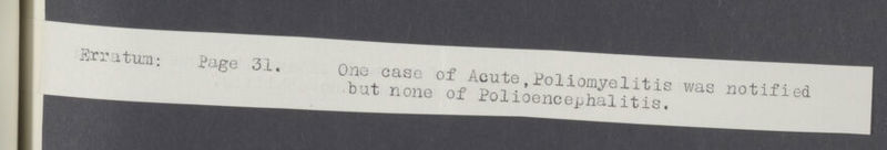 Erratum: Page 31. One case of Acute,Poliomyelitis was notified but none of Polioencephalitis.