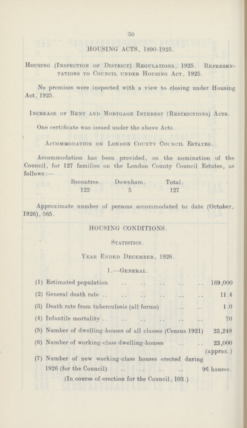50 HOUSING ACTS, 1890-1925. Housing (Inspection of District) Regulations, 1925. Represen tations to Council under Housing Act, 1925. No premises were inspected with a view to closing under Housing Act, 1925. Increase of Rent and Mortgage Interest (Restrictions) Acts. One certificate was issued under the above Acts. Accommodation on London County Council Estates. Accommodation has been provided, on the nomination of the Council, for 127 families on the London County Council Estates, as follows:— Becontree. Downham. Total. 122 5 127 Approximate number of persons accommodated to date (October, 1926), 565. HOUSING CONDITIONS. Statistics . Year Ended December, 1926. 1.—General. (1) Estimated population 169,000 (2) General death rate 11.4 (3) Death rate from tuberculosis (all forms) 1.0 (4) Infantile mortality 70 (5) Number of dwelling-houses of all classes (Census 1921) 23,248 (6) Number of working-class dwelling-houses 23,000 (approx.) (7) Number of new working-class houses erected during 1926 (for the Council) 96 houses. (In course of erection for the Council, 103.)