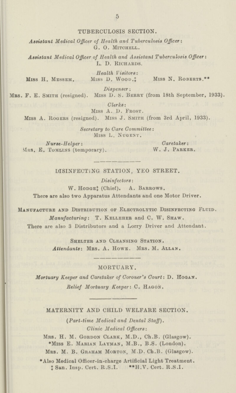 5 TUBERCULOSIS SECTION. Assistant Medical Officer of Health and Tuberculosis Officer: G. O. Mitchell. Assistant Medical Officer of Health and Assistant Tuberculosis Officer: L. D. Richards. Health Visitors: Miss H. Messem. Miss D. Wood.†† Miss N. Roberts.** Dispenser: Mbs. F. E. Smith (resigned). Miss D. S. Berry (from 18th September, 1933). Clerks: Miss A. I). Frost. Miss A. Rogers (resigned). Miss J. Smith (from 3rd April, 1933). Secretary to Care Committee: Miss L. Nugent. Nurse-Helper: Caretaker: Mrs. E. Tomlins (temporary). VV. J. Parker. DISINFECTING STATION, YEO STREET. Disinfectors: W. Hodge‡ (Chief). A. Barrows. There are also two Apparatus Attendants and one Motor Driver. Manufacture and Distribution of Electrolytic Disinfecting Fluid. Manufacturing: T. Kelleher and C. W. Shaw. There are also 3 Distributors and a Lorry Driver and Attendant. Shelter and Cleansing Station. Attendants: Mrs. A. Howe. Mrs. M. Allan. MORTUARY. Mortuary Keeper and Caretaker of Coroner's Court: D. Hogan. Belief Mortuary Keeper: C. Hagon. MATERNITY AND CHILD WELFARE SECTION. (Part-time Medical and Dental Staff). Clinic Medical Officers: Mrs. H. M. Gordon Clark, M.D., Ch.B. (Glasgow). *Miss E. Marian Layman, M.B., B.S. (London). Mrs. M. B. Graham Morton, M.D. Ch.B. (Glasgow). *Also Medical Officer-in-charge Artificial Light Treatment. ‡i San. Insp. Cert. R.S.I. **H.V. Cert. R.S.I.