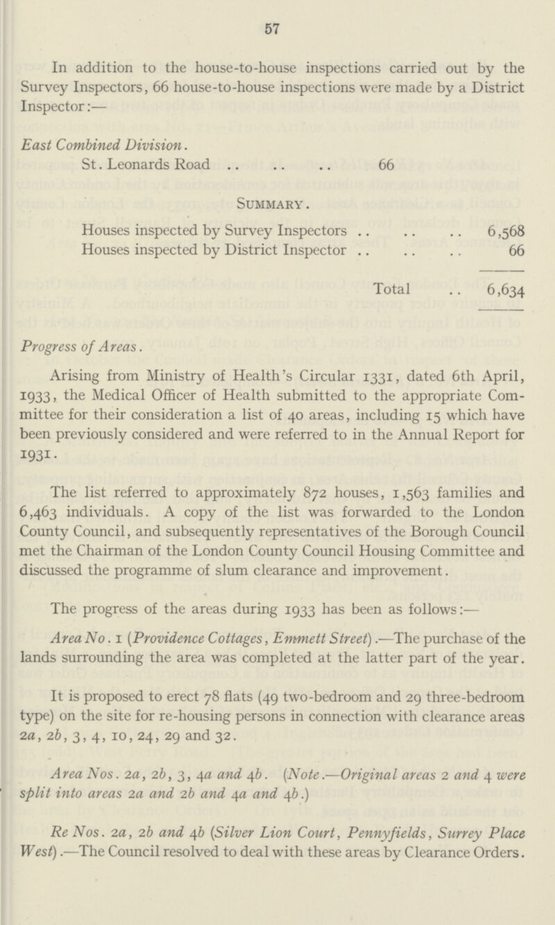 57 In addition to the house-to-house inspections carried out by the Survey Inspectors, 66 house-to-house inspections were made by a District Inspector:— East Combined Division. St. Leonards Road 66 Summary . Houses inspected by Survey Inspectors 6,568 Houses inspected by District Inspector 66 Total 6,634 Progress of Areas. Arising from Ministry of Health's Circular 1331, dated 6th April, 1933, the Medical Officer of Health submitted to the appropriate Com mittee for their consideration a list of 40 areas, including 15 which have been previously considered and were referred to in the Annual Report for 1931. The list referred to approximately 872 houses, 1,563 families and 6,463 individuals. A copy of the list was forwarded to the London County Council, and subsequently representatives of the Borough Council met the Chairman of the London County Council Housing Committee and discussed the programme of slum clearance and improvement. The progress of the areas during 1933 has been as follows:— Area No. 1 (Providence Cottages, Emmett Street) .—The purchase of the lands surrounding the area was completed at the latter part of the year. It is proposed to erect 78 flats (49 two-bedroom and 29 three-bedroom type) on the site for re-housing persons in connection with clearance areas 2a, 2b, 3, 4, 10, 24, 29 and 32. Area Nos. 2a, 2b, 3, 4a and 4b. (Note.—Original areas 2 and 4 were split into areas 2a and 2b and 4a and 4b.) Re Nos. 2a, 2b and 4b (Silver Lion Court, Pennyfields, Surrey Place West).—The Council resolved to deal with these areas by Clearance Orders.