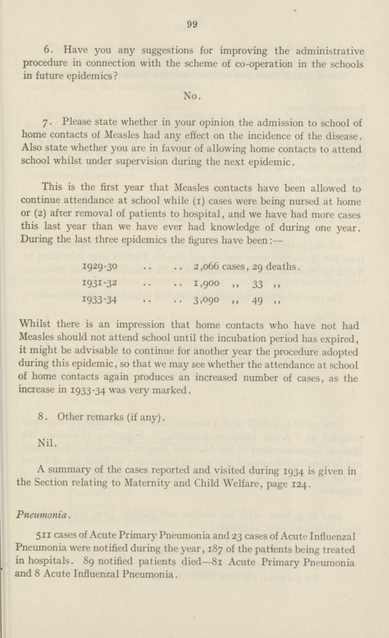 99 6. Have you any suggestions for improving the administrative procedure in connection with the scheme of co-operation in the schools in future epidemics ? No. 7. Please state whether in your opinion the admission to school of home contacts of Measles had any effect on the incidence of the disease. Also state whether you are in favour of allowing home contacts to attend school whilst under supervision during the next epidemic. This is the first year that Measles contacts have been allowed to continue attendance at school while (1) cases were being nursed at home or (2) after removal of patients to hospital, and we have had more cases this last year than we have ever had knowledge of during one year. During the last three epidemics the figures have been:— 1929-30 2,066 cases, 29 deaths. 1931-32 1900 ,, 33 ,, 1933-34 3,090 ,, 49 ,, Whilst there is an impression that home contacts who have not had Measles should not attend school until the incubation period has expired, it might be advisable to continue for another year the procedure adopted during this epidemic, so that we may see whether the attendance at school of home contacts again produces an increased number of cases, as the increase in 1933-34 was very marked. 8. Other remarks (if any). Nil. A summary of the cases reported and visited during 1934 is given in the Section relating to Maternity and Child Welfare, page 124. Pneumonia. 511 cases of Acute Primary Pneumonia and 23 cases of Acute Influenzal Pneumonia were notified during the year, 187 of the patients being treated in hospitals. 89 notified patients died—81 Acute Primary Pneumonia and 8 Acute Influenzal Pneumonia.