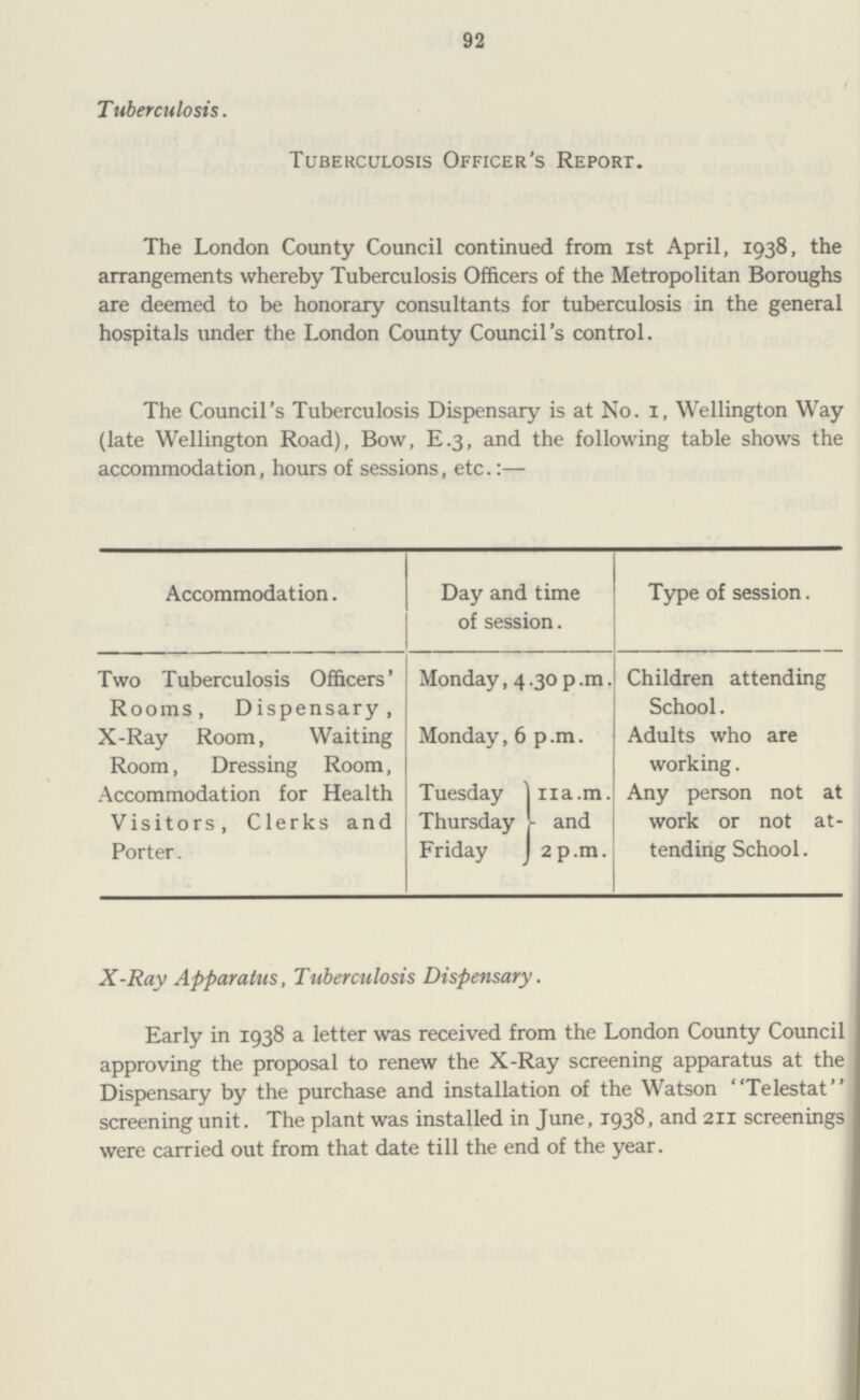 92 Tuberculosis. Tuberculosis Officer's Report. The London County Council continued from 1st April, 1938, the arrangements whereby Tuberculosis Officers of the Metropolitan Boroughs are deemed to be honorary consultants for tuberculosis in the general hospitals under the London County Council's control. The Council's Tuberculosis Dispensary is at No. 1, Wellington Way (late Wellington Road), Bow, E.3, and the following table shows the accommodation, hours of sessions, etc.:— Accommodation. Day and time of session. Type of session. Two Tuberculosis Officers' Rooms, Dispensary, Monday, 4.30 p.m. Children attending School. X-Ray Room, Waiting Room, Dressing Room, Monday, 6 p.m. Adults who are working. Accommodation for Health Visitors, Clerks and Porter. Tuesday 11 a.m. and 2 p.m. Any person not at work or not at tending School. Thursday Friday X-Ray Apparatus, Tuberculosis Dispensary. Early in 1938 a letter was received from the London County Council approving the proposal to renew the X-Ray screening apparatus at the Dispensary by the purchase and installation of the Watson Telestat screening unit. The plant was installed in June, 1938, and 211 screenings were carried out from that date till the end of the year.