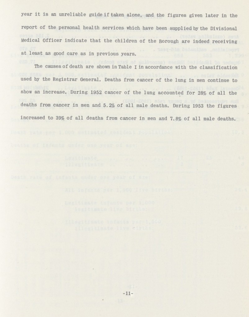 year it is an unreliable guide if taken alone, and the figures given later in the report of the personal health services which have been supplied by the Divisional Medical Officer indicate that the children of the Borough are indeed receiving at least as good care as in previous years. The causes of death are shown in Table I in accordance with the classification used by the Registrar General. Deaths from cancer of the lung in men continue to show an increase. During 1952 cancer of the lung accounted for 28% of all the deaths from cancer in men and 5.2% of all male deaths. During 1953 the figures increased to 39% of all deaths from cancer in men and 7.8% of all male deaths. -11-
