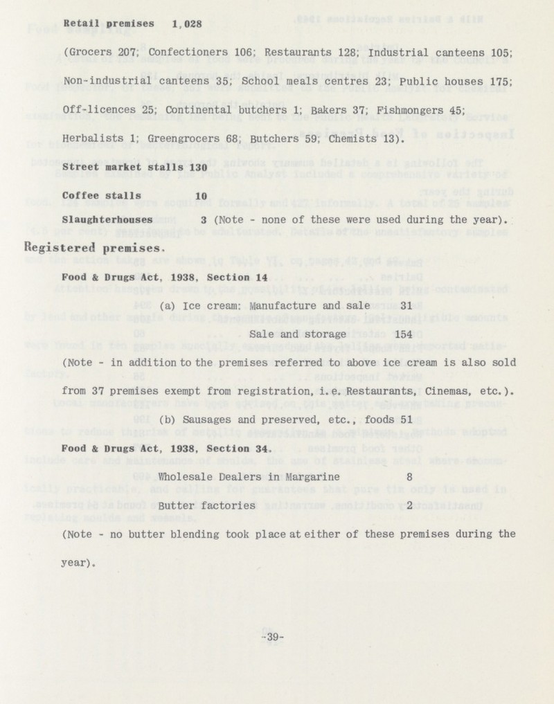 Retail premises 1,028 (Grocers 207; Confectioners 106; Restaurants 128; Industrial canteens 105; Non-industrial canteens 35; School meals centres 23; Public houses 175; Off-licences 25; Continental butchers 1; Bakers 37; Fishmongers 45; Herbalists 1; Greengrocers 68s Butchers 59; Chemists 13). Street market stalls 130 Coffee stalls 10 Slaughterhouses 3 (Note - none of these were used during the year). Registered premises. Food & Drugs Act, 1938. Section 14 (a) Ice cream: Manufacture and sale 31 Sale and storage 154 (Note - in addition to the premises referred to above ice cream is also sold from 37 premises exempt from registration, i.e. Restaurants, Cinemas, etc.). (b) Sausages and preserved, etc., foods 51 Food & Drugs Act, 1938, Section 34. Wholesale Dealers in Margarine 8 Butter factories 2 (Note - no butter blending took place at either of these premises during the year). -39-